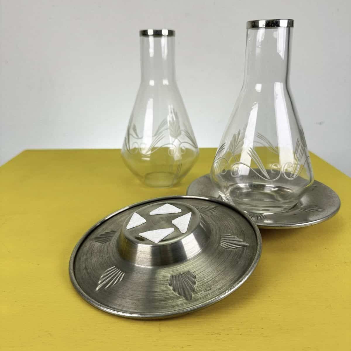 Pair Of Vintage Glass Decanter Bottles With Engraved Decoration And Metal Bases Wmf photo vinterior