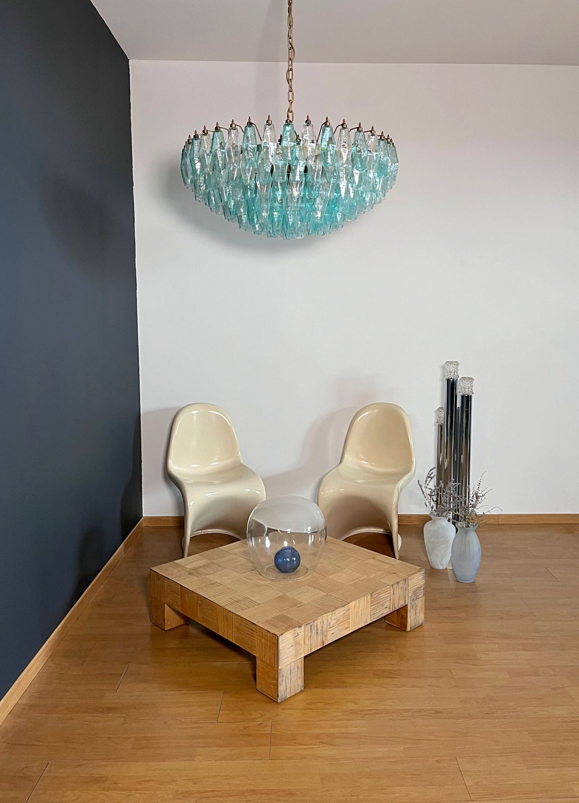 Turquoise & Clear Poliedri Murano Glass Chandelier photo for sale