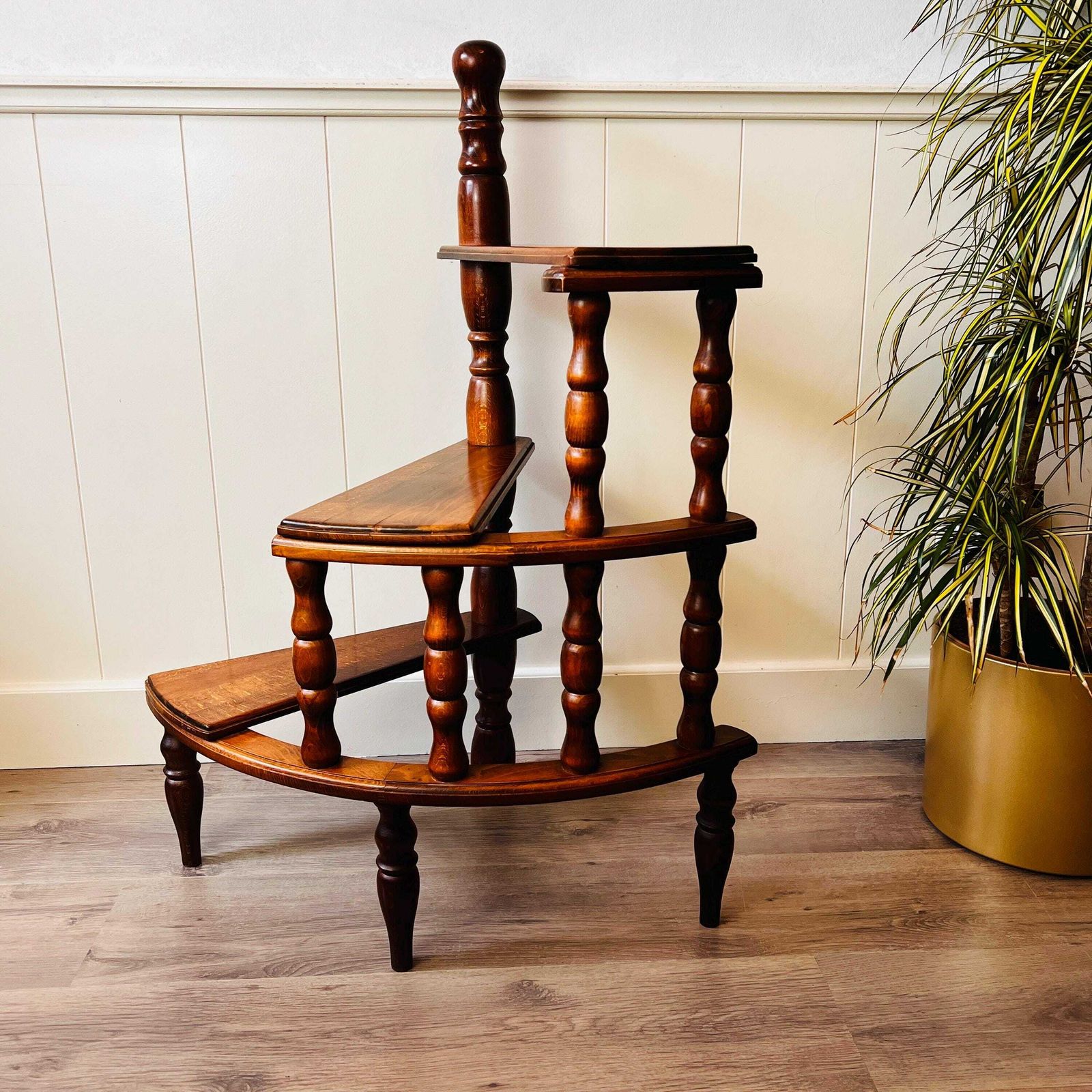 Vintage Carved Library Three Tier Step Ladder, Spiral Library Stairs, Antique Style Stairs Semi Circular photo for sale