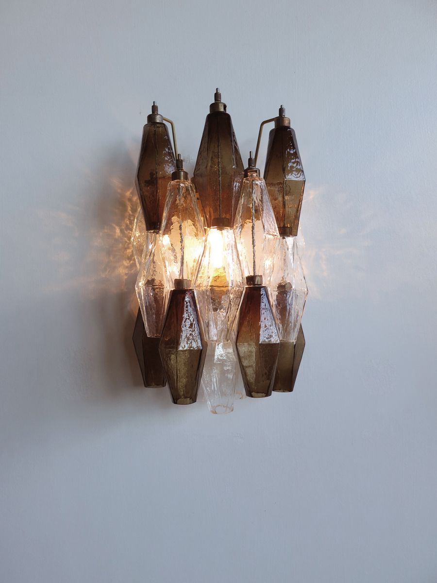 Vintage Murano Italian Poliedri Smoked And Trasparent Glass Wall Sconces photo for sale