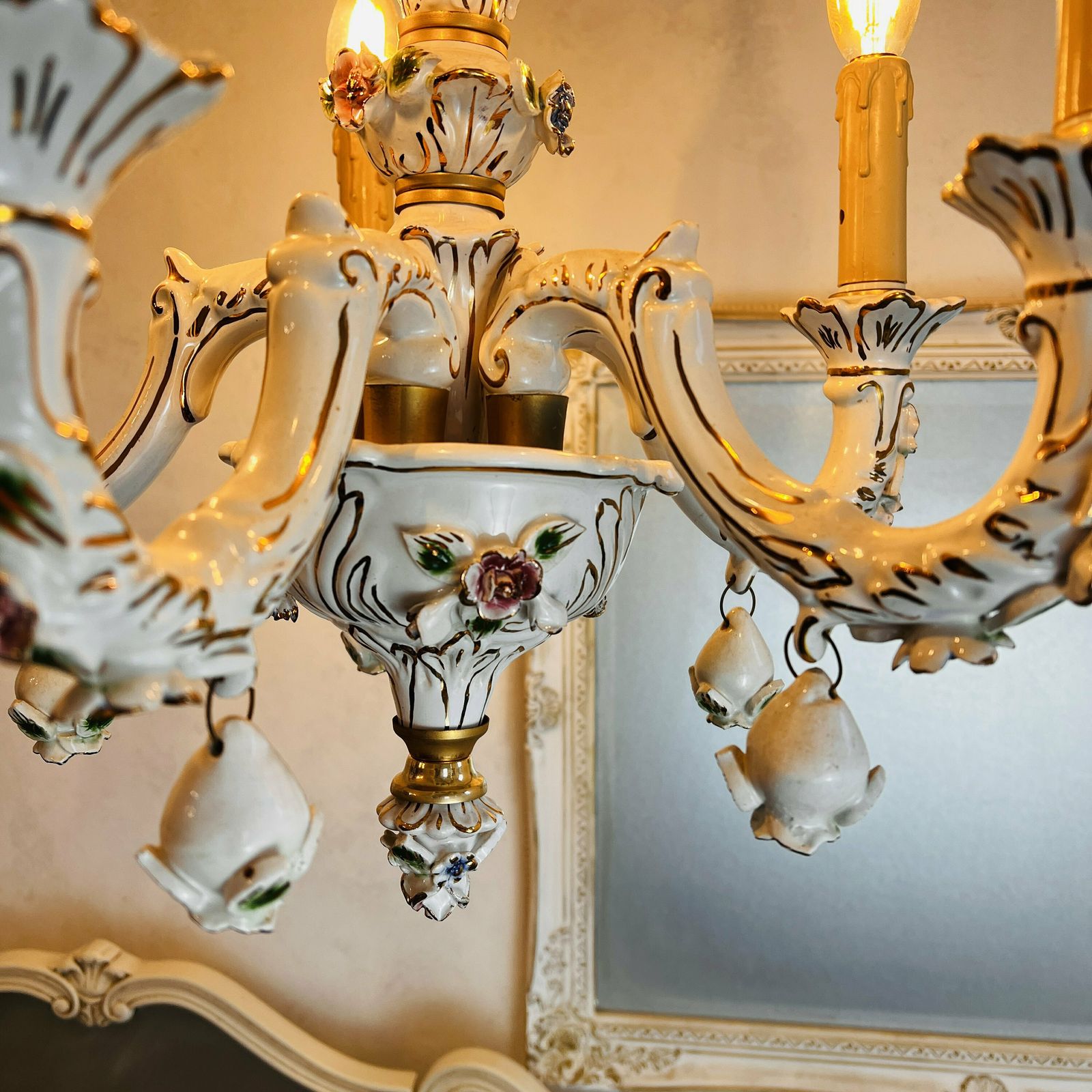 Porcelain Chandelier, Vintage Home Lighting, Capodimonte Style. photo for sale