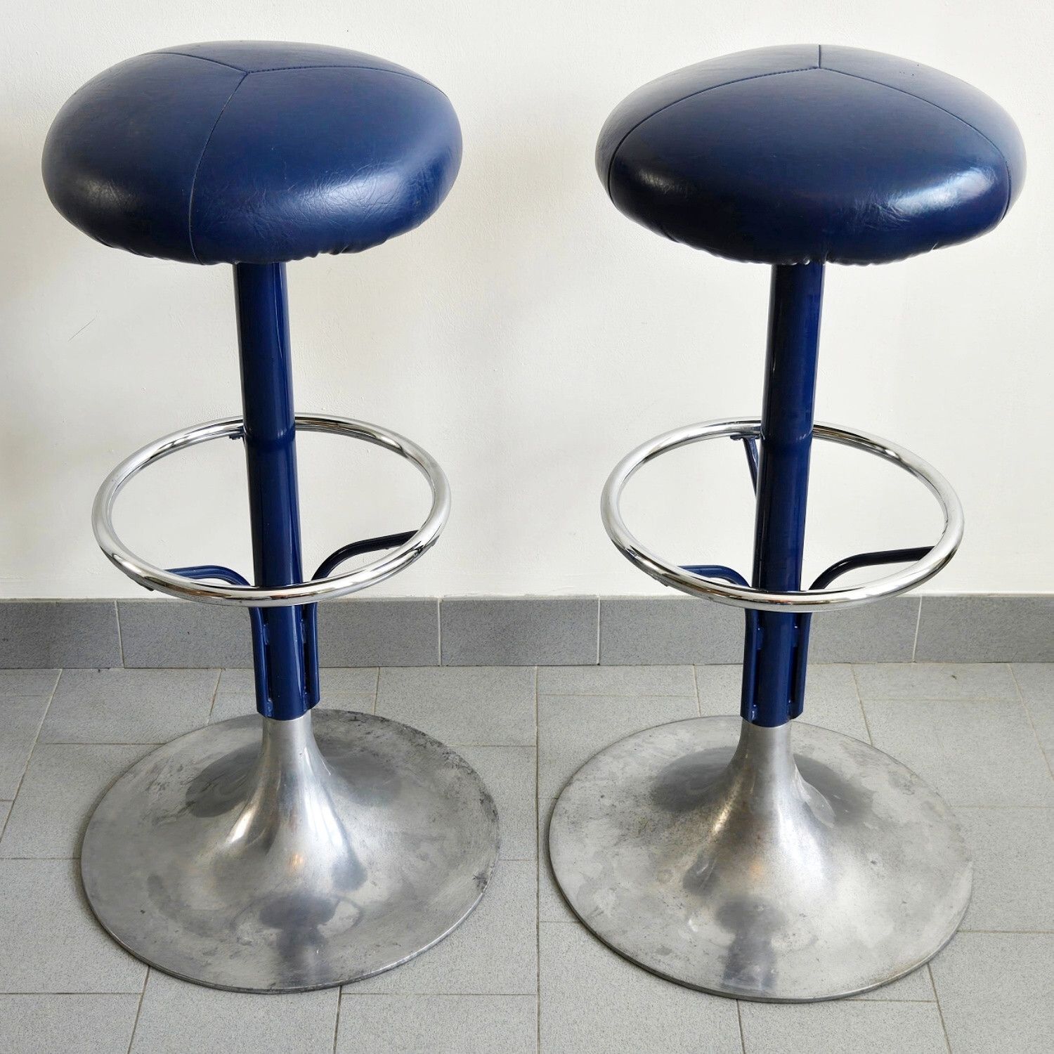 Pair Of Vintage 1970s Blue Faux Leather & Aluminum Bar Stools