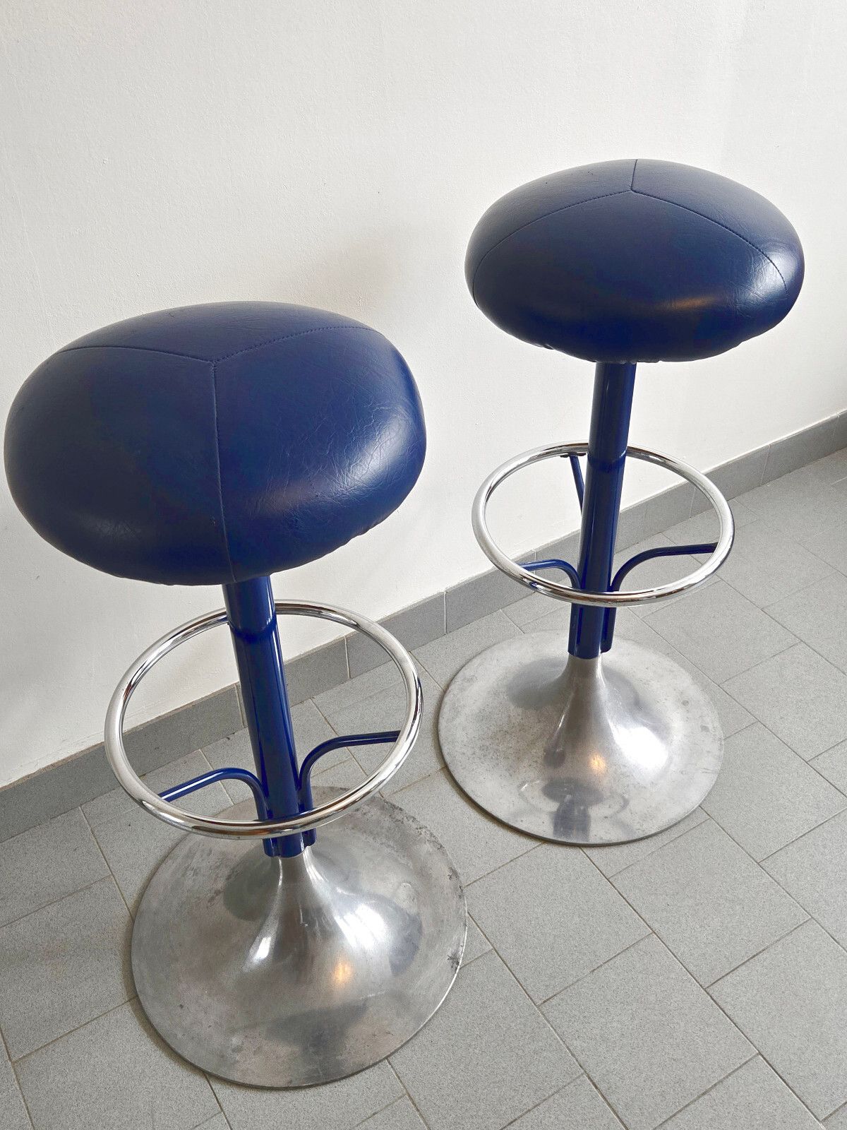 683.0 Pair Of Vintage 1970s Blue Faux Leather & Aluminum Bar Stools photo