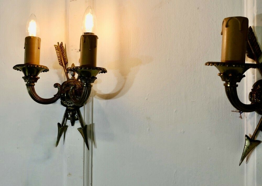 An Unusual Pair Of French Brass Twin Wall Lights, With Arrows photo Lighting