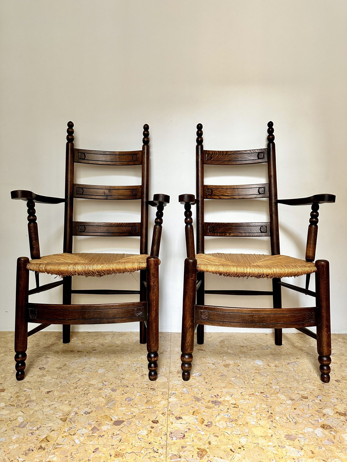 Pair Of Early C20th Breton Rush Seat Armchairs photo for sale