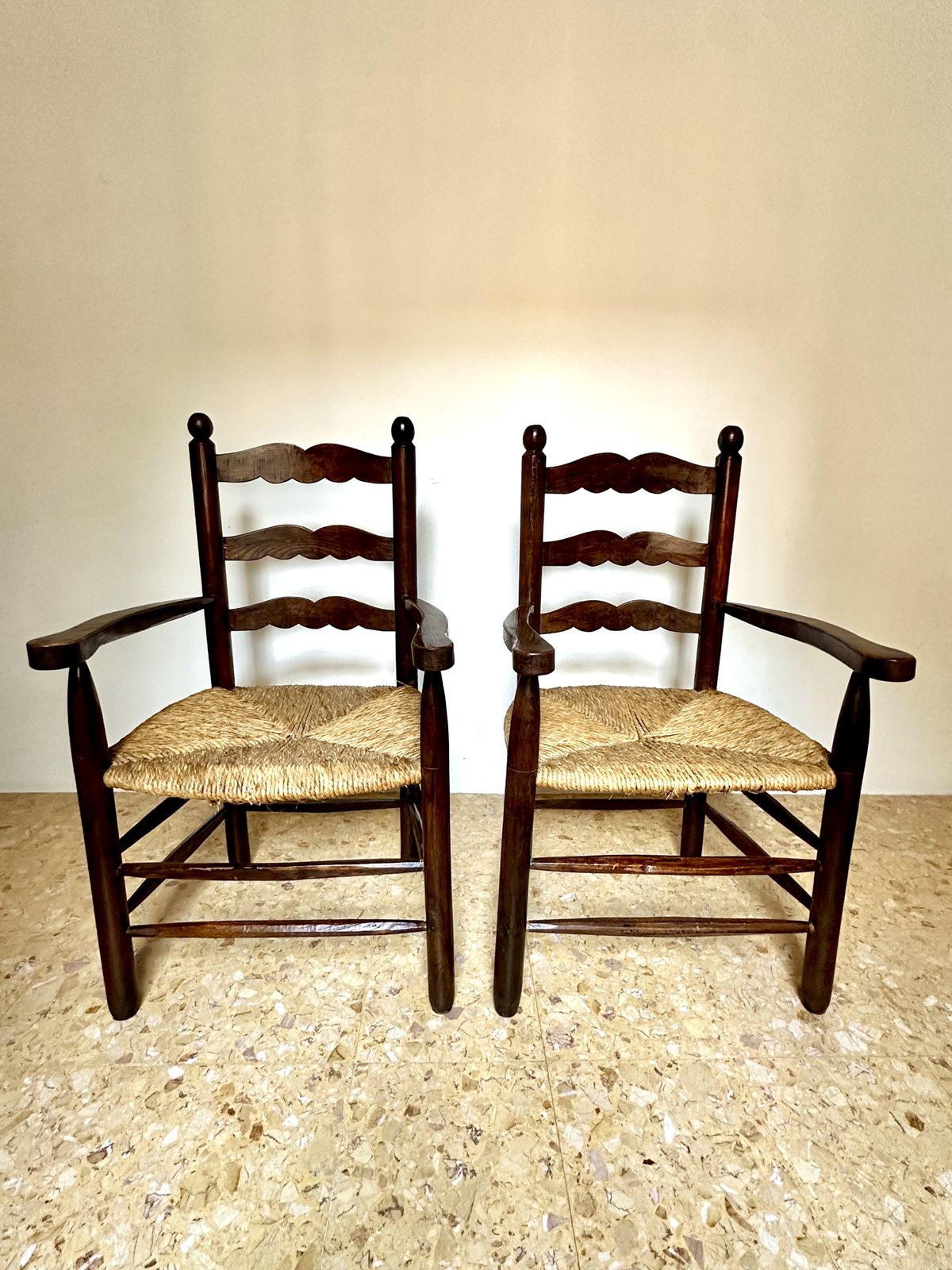 Pair Of Early C20th Rustic Provençal Rush Seat Armchairs