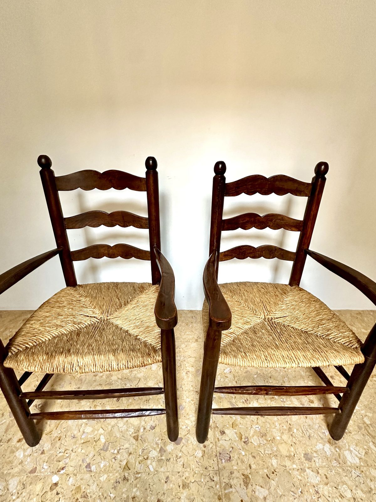 Pair Of Early C20th Rustic Provençal Rush Seat Armchairs photo Furniture