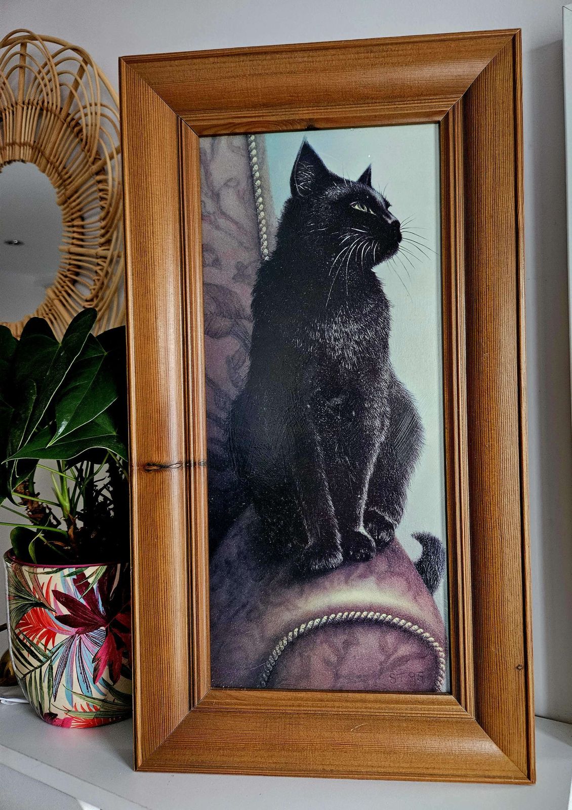 Large Painting Of A Handsome Black Cat In Pine Frame
