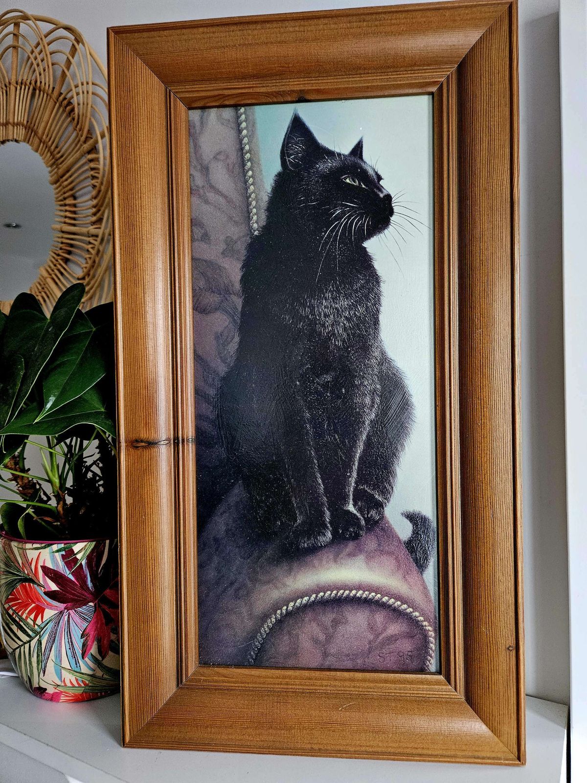 Large Painting Of A Handsome Black Cat In Pine Frame photo for sale