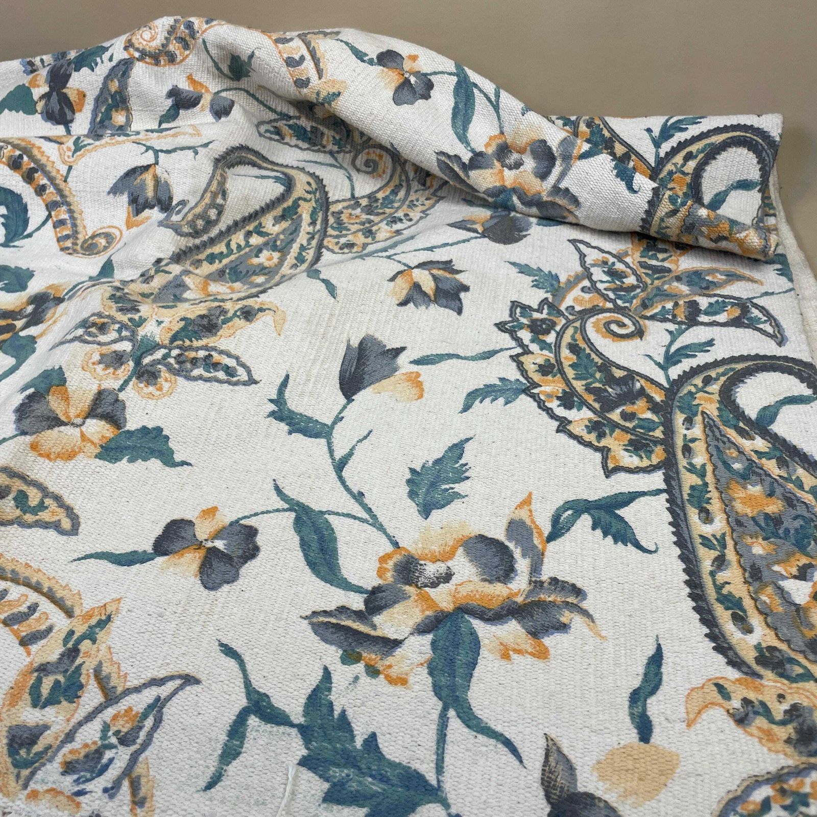 Vintage Fabric Throw Blanket Paisley Patterntassel Hand Printed Antique Patterned Pattern Tassels Sofa Woven Cottage Blue Cream photo Textiles