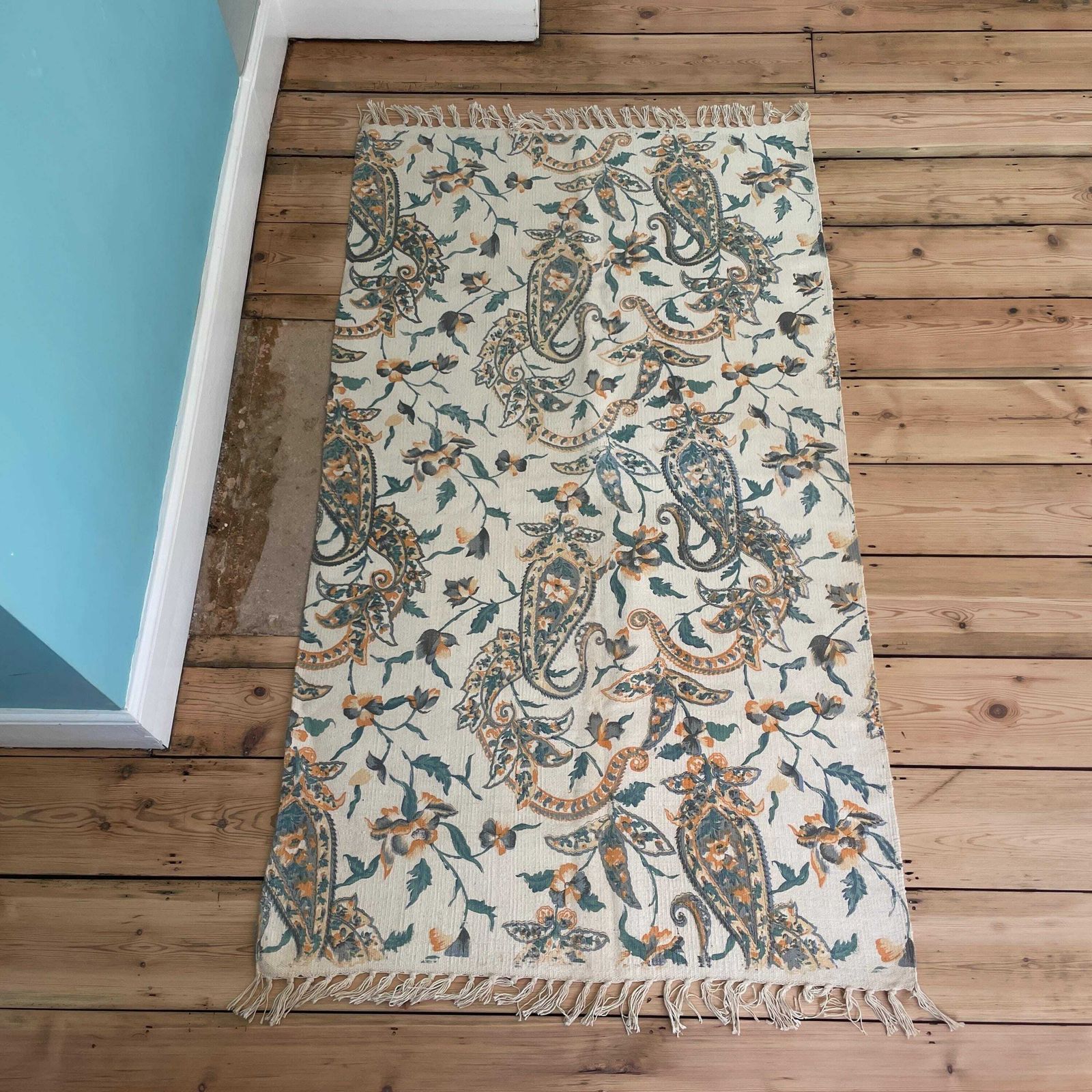 Vintage Fabric Throw Blanket Paisley Patterntassel Hand Printed Antique Patterned Pattern Tassels Sofa Woven Cottage Blue Cream photo 55.0