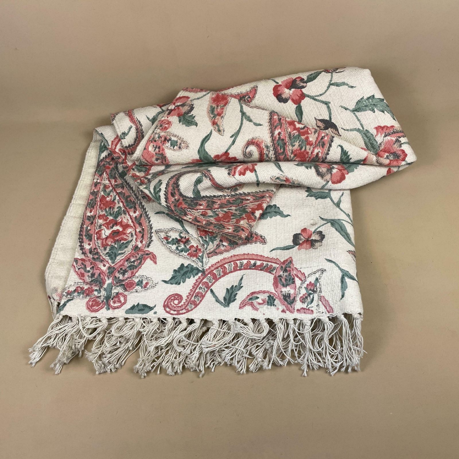 Vintage Fabric Throw Blanket Paisley Patterntassel Hand Printed Pink Antique Patterned Pattern Tassels Sofa Woven Cottage photo 55.0