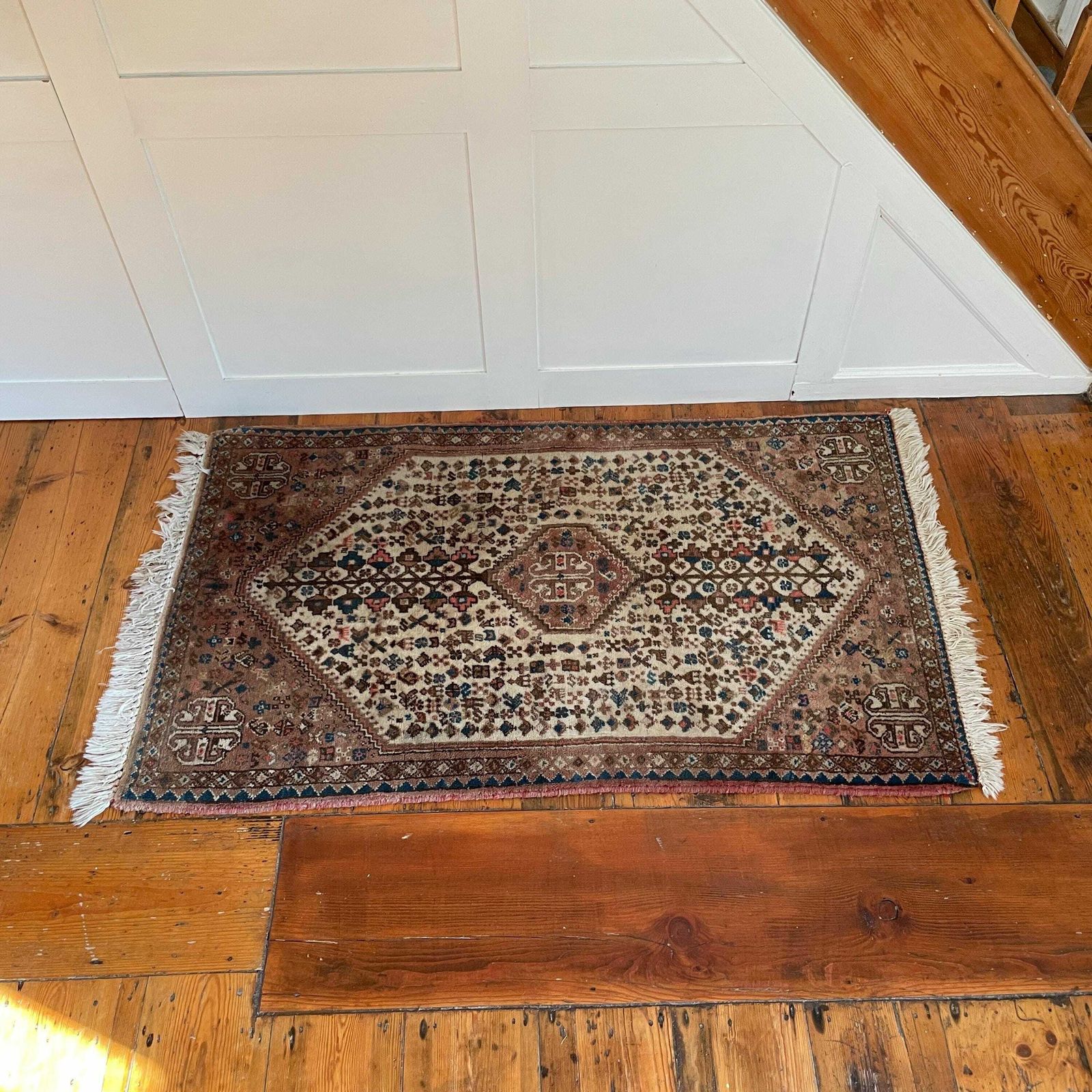 Antique Woven Rug Carpet Mat Rectangle Wool Vintage Pattern Woven Floor Mat Handmade Textile Patterned Pattern Earthy Tones photo Textiles