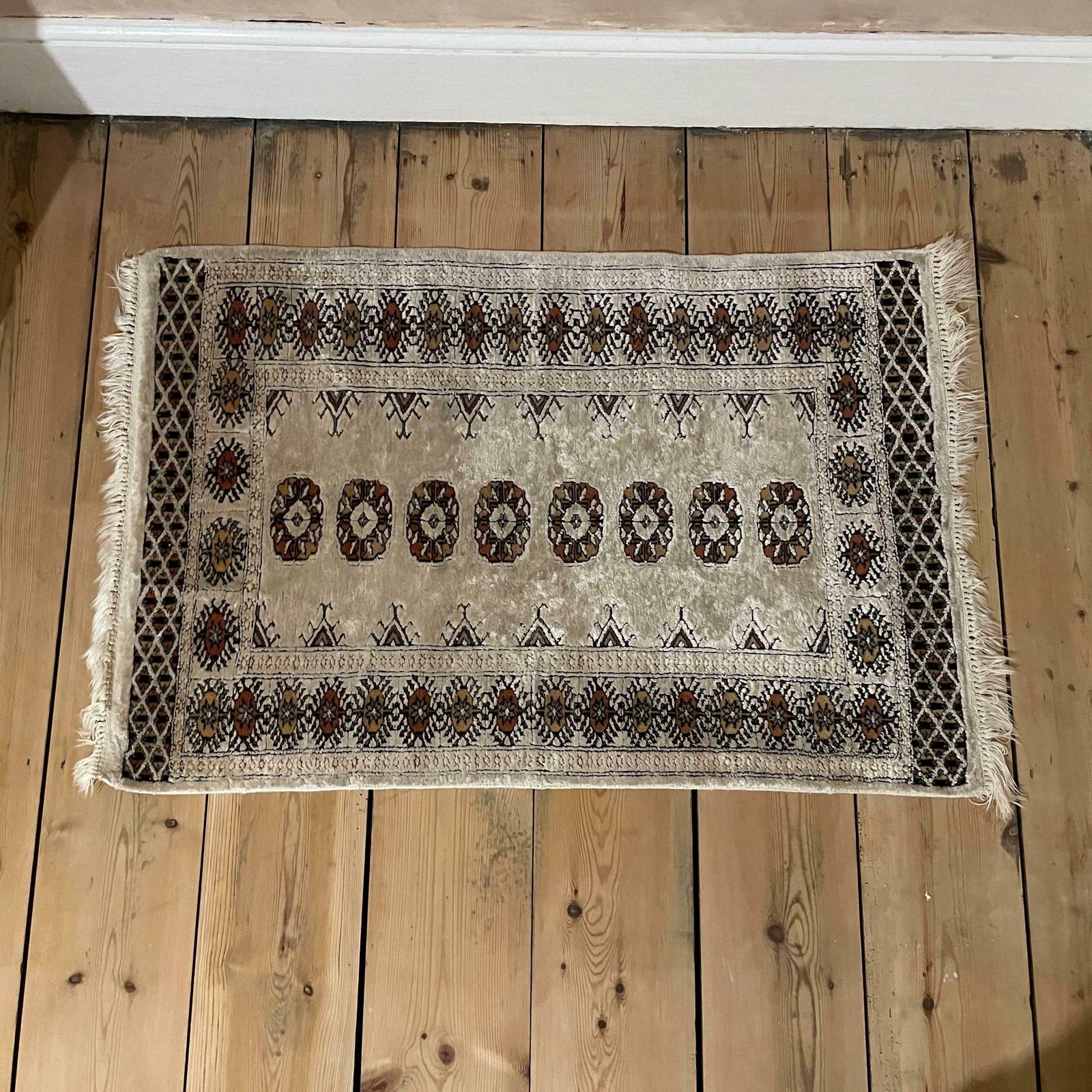 Antique Woven Rug Carpet Mat Rectangle Wool Vintage Pattern Bokhara Woven Floor Mat Handmade Textile Patterned Pattern Cream Small photo for sale