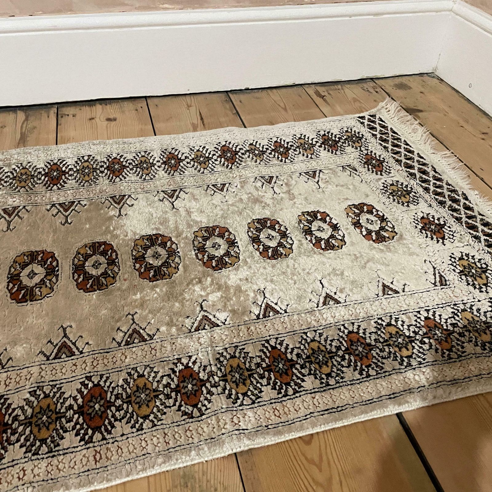 Antique Woven Rug Carpet Mat Rectangle Wool Vintage Pattern Bokhara Woven Floor Mat Handmade Textile Patterned Pattern Cream Small photo vinterior