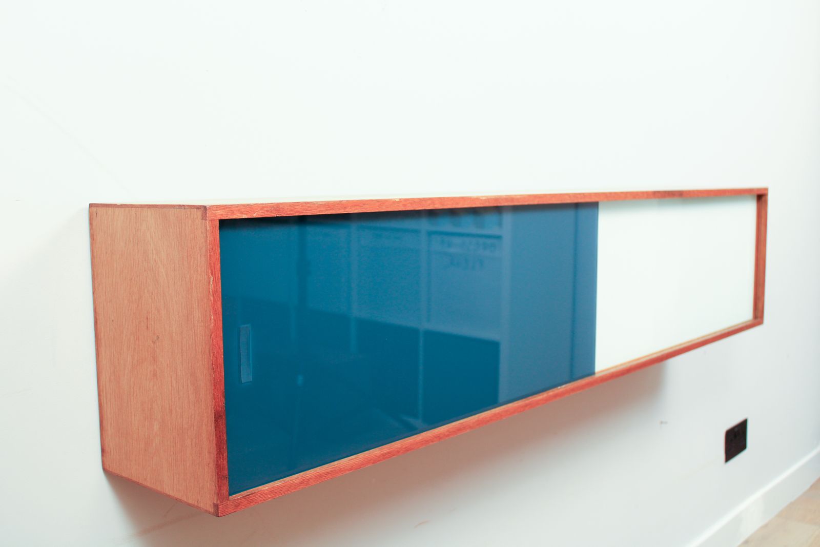 Furniture A Vintage Mid Century Wall Hung Oak Cabinet, Blue & White Sliding Glass Doors photo