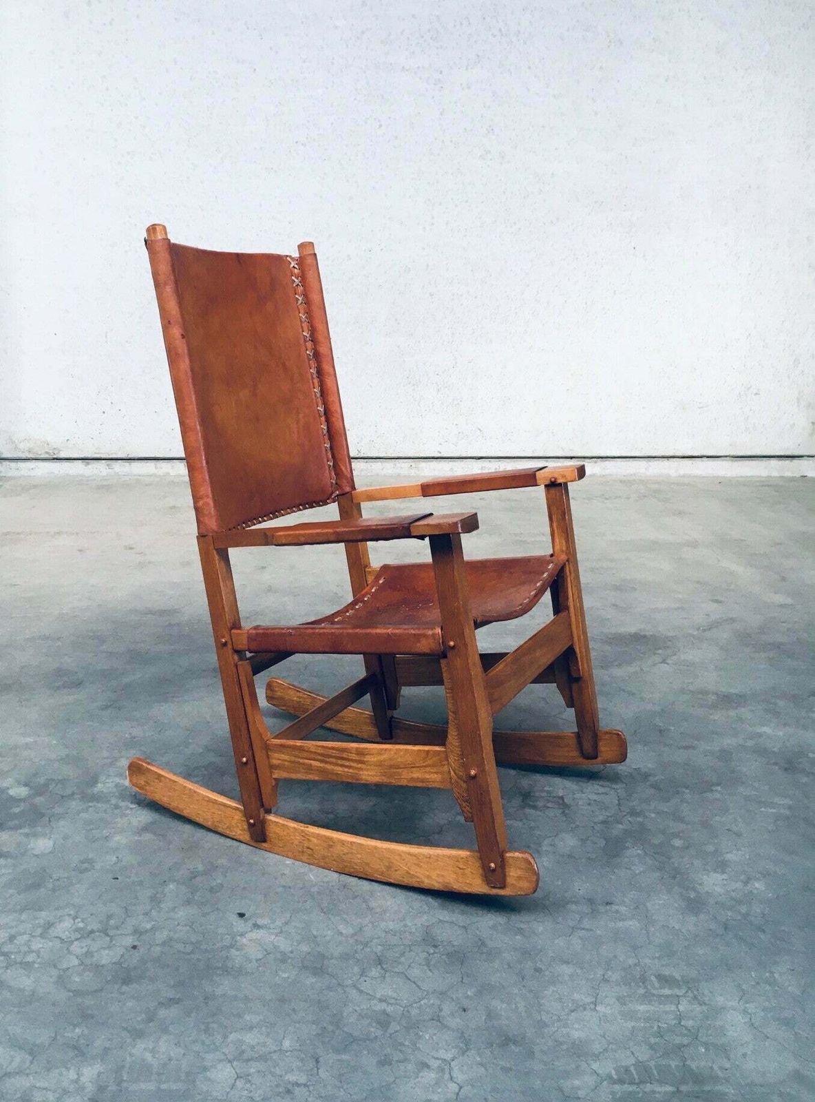 South American Design Leather Rocking Chair By Werner Biermann For Artesano Bogota, Colombia 1960's photo for sale