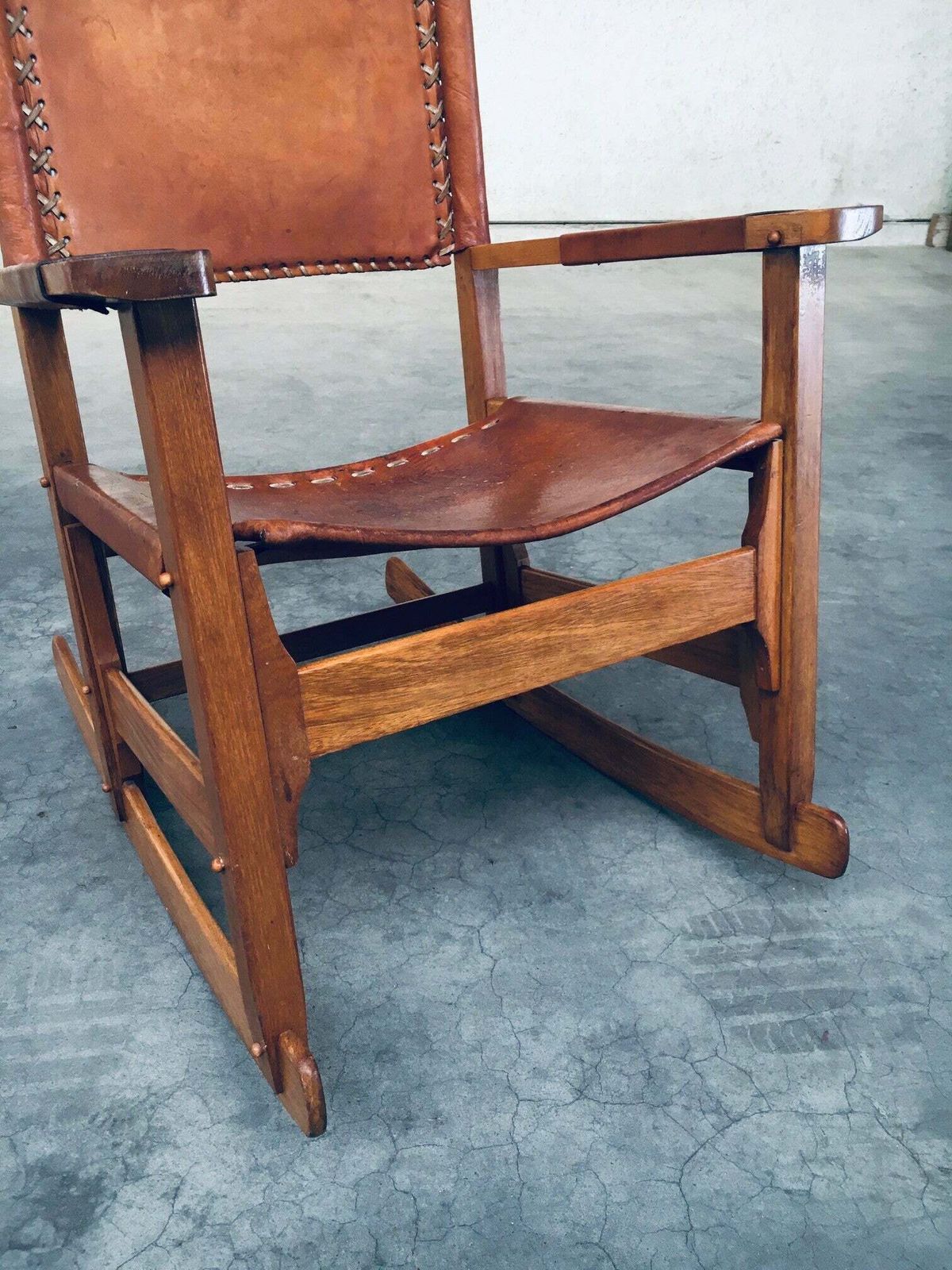 photo buy South American Design Leather Rocking Chair By Werner Biermann For Artesano Bogota, Colombia 1960's