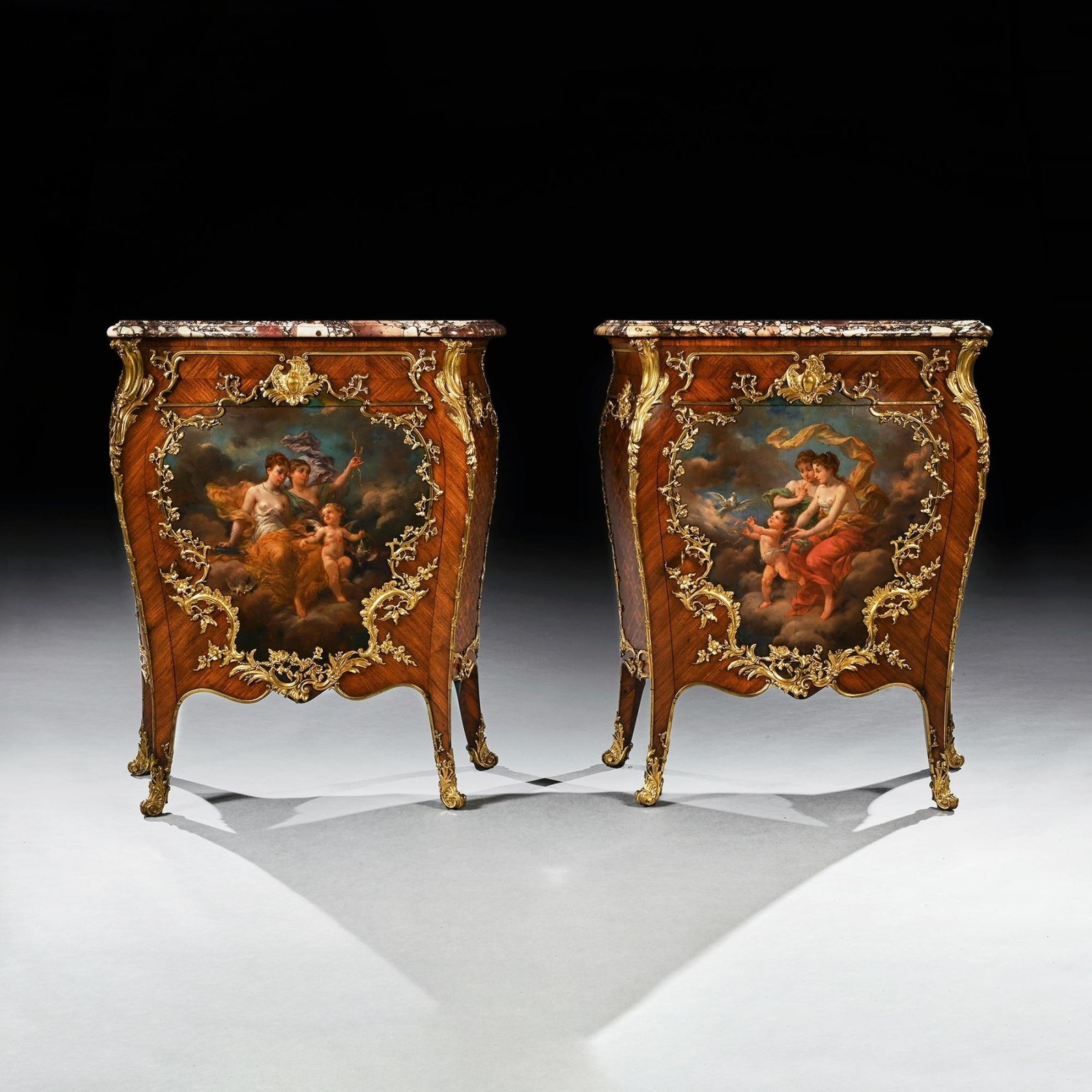 Pair Of Gilt Bronze Mounted 19th Century French Kingwood And Vernis Martin Petit Commodes