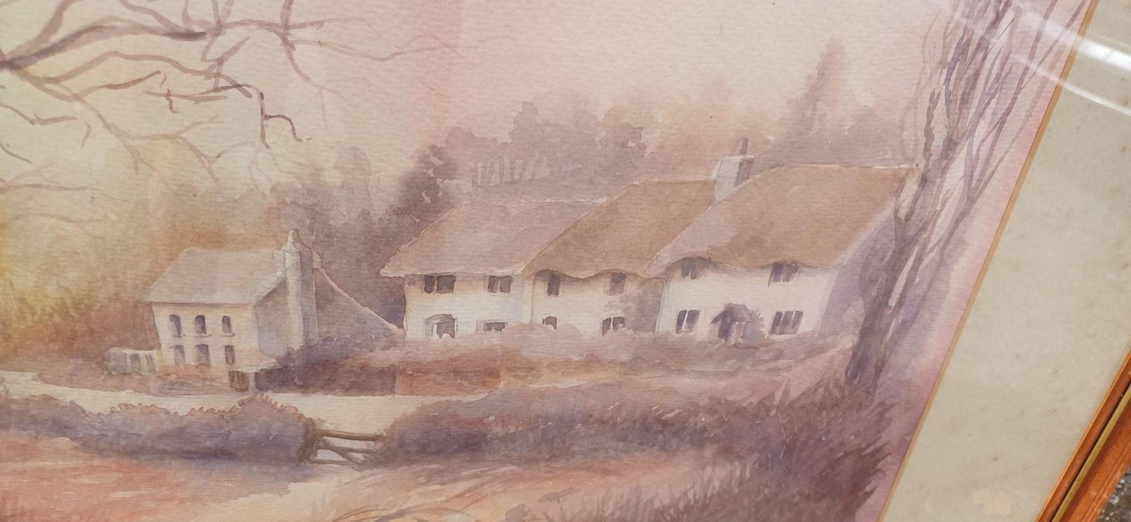 Autumn Colours Original Vintage Watercolour Of Country Scene And Cottages, Glazed Vintage Frame, Large   75cm X 58cm photo Art