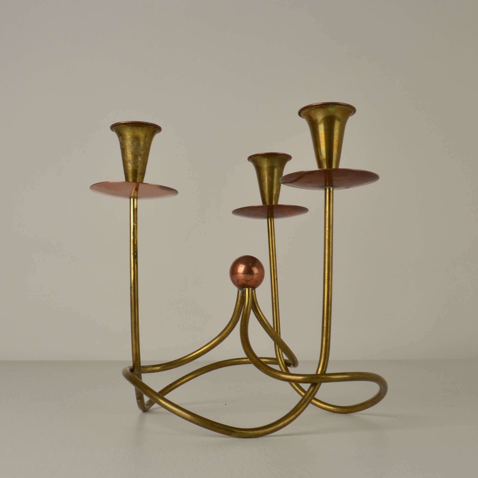 Gunnar Ander Three Arm Candelabra In Copper And Brass photo for sale