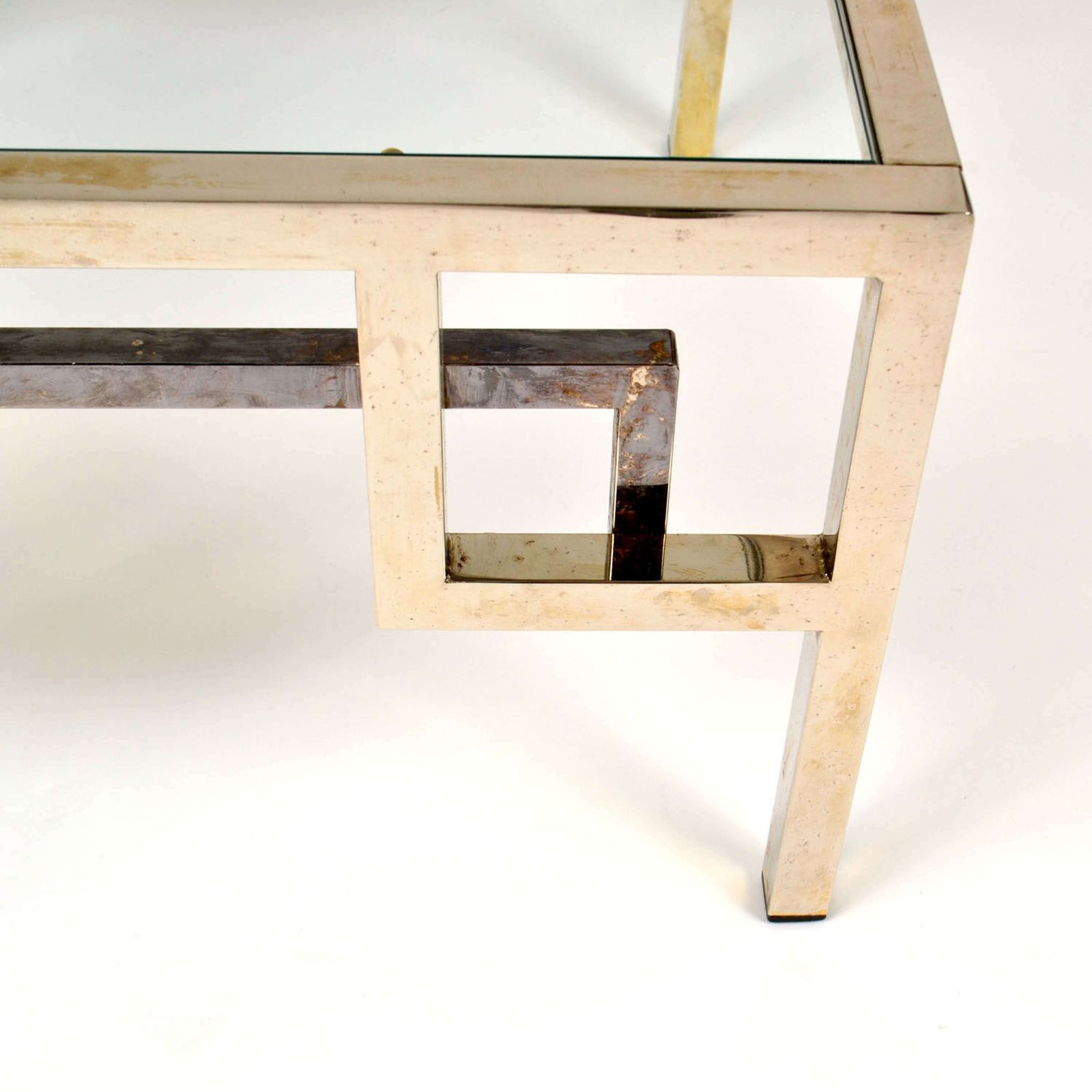 Pair Chrome & Brass Belgo Chrome Side Tables Glass Top 1970's photo vinterior