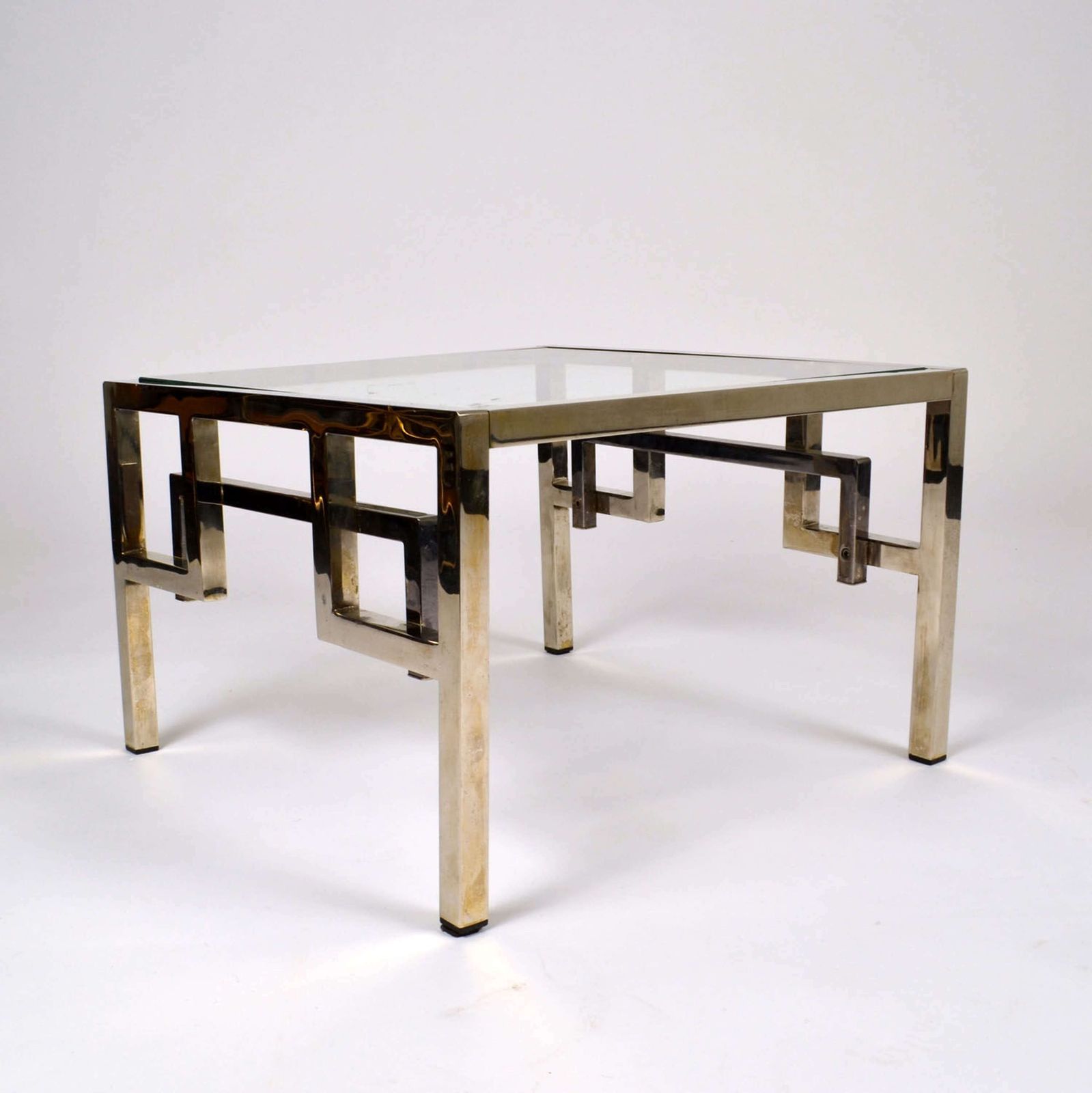 Pair Chrome & Brass Belgo Chrome Side Tables Glass Top 1970's photo vintage