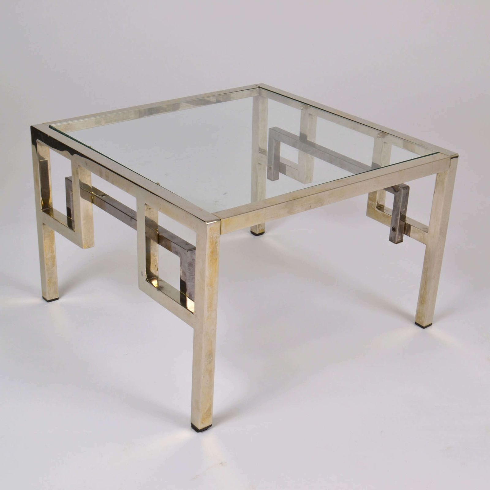 Furniture Pair Chrome & Brass Belgo Chrome Side Tables Glass Top 1970's photo