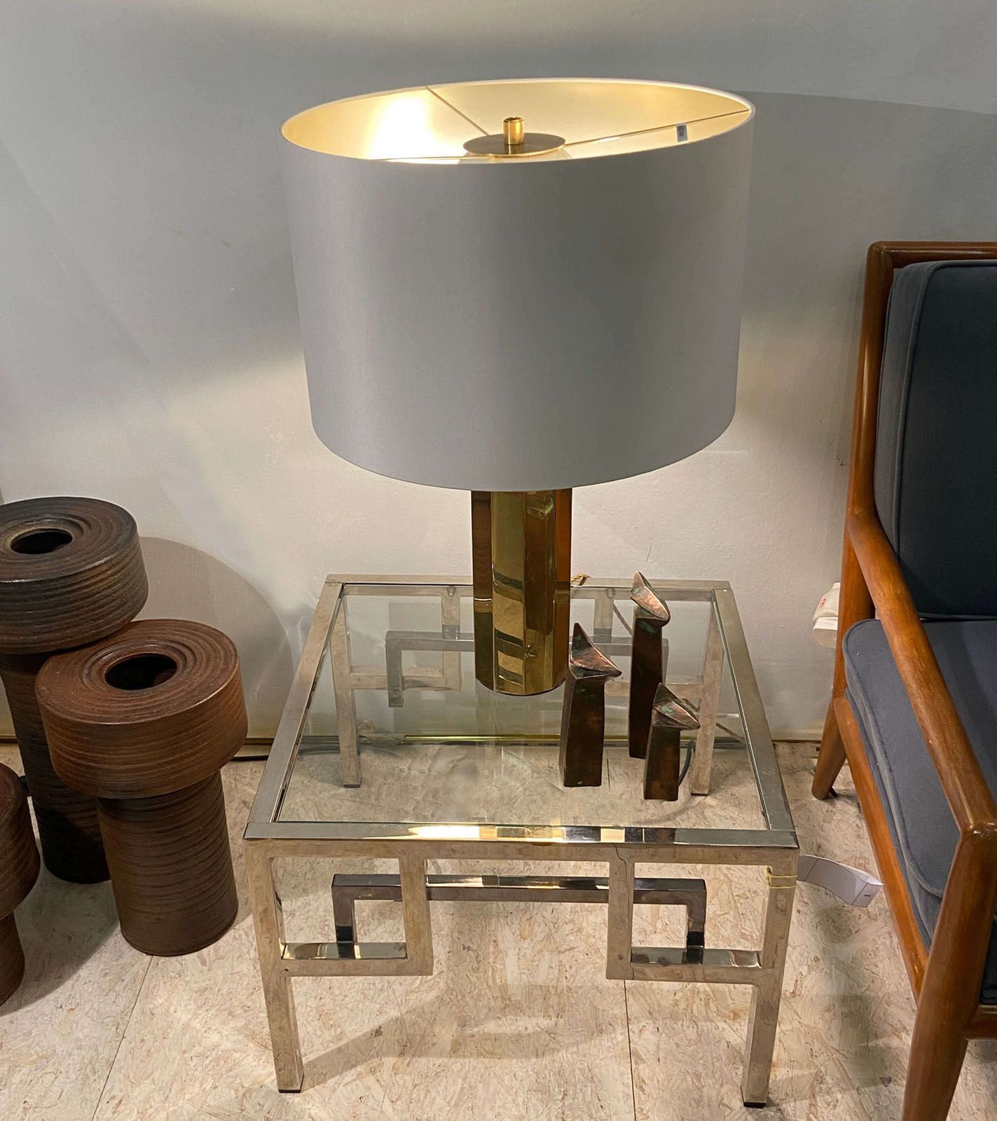 photo vinterior Pair Chrome & Brass Belgo Chrome Side Tables Glass Top 1970's