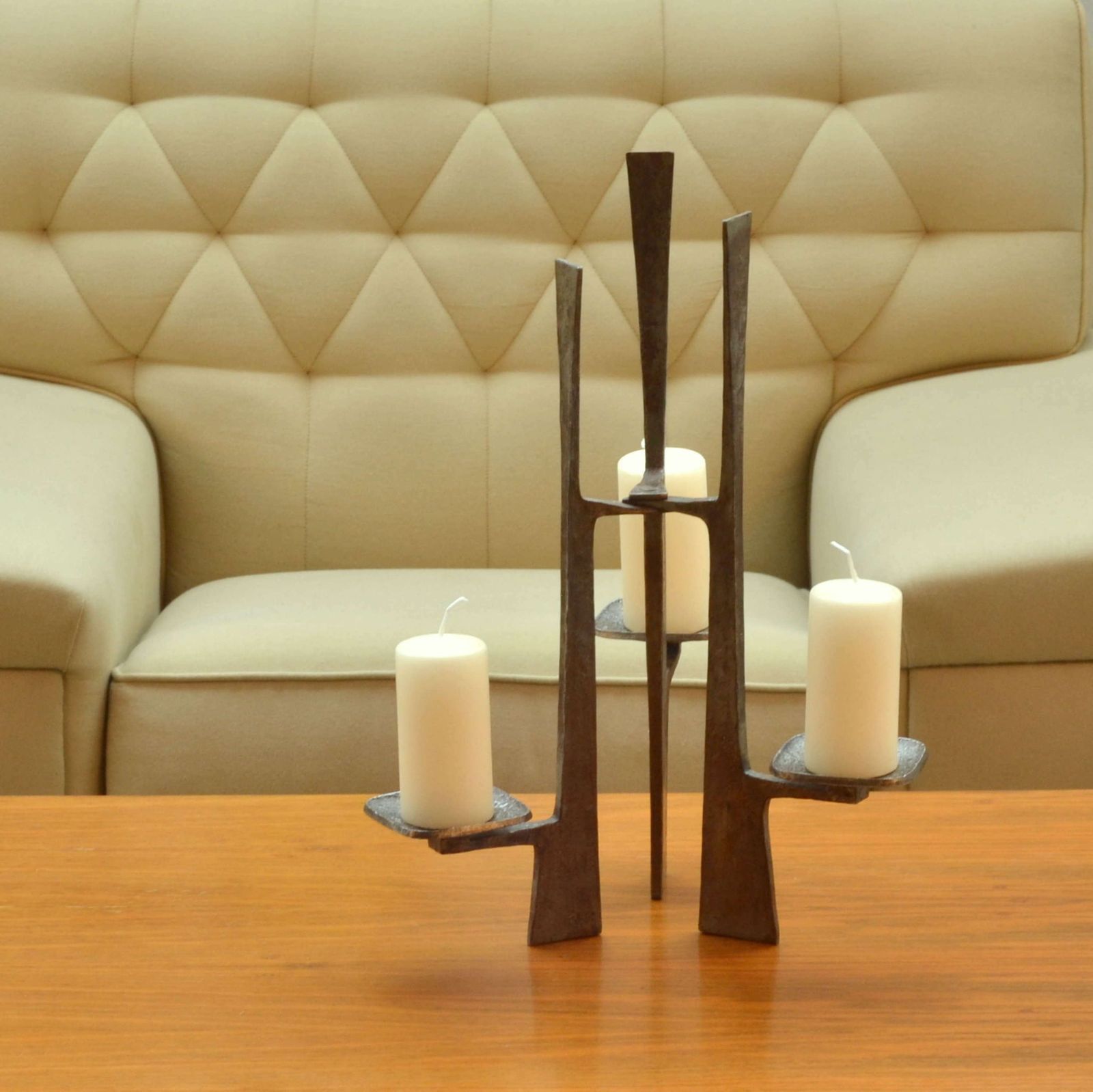 Sculptural Three Arm Candelabra In Forged Steel photo buy