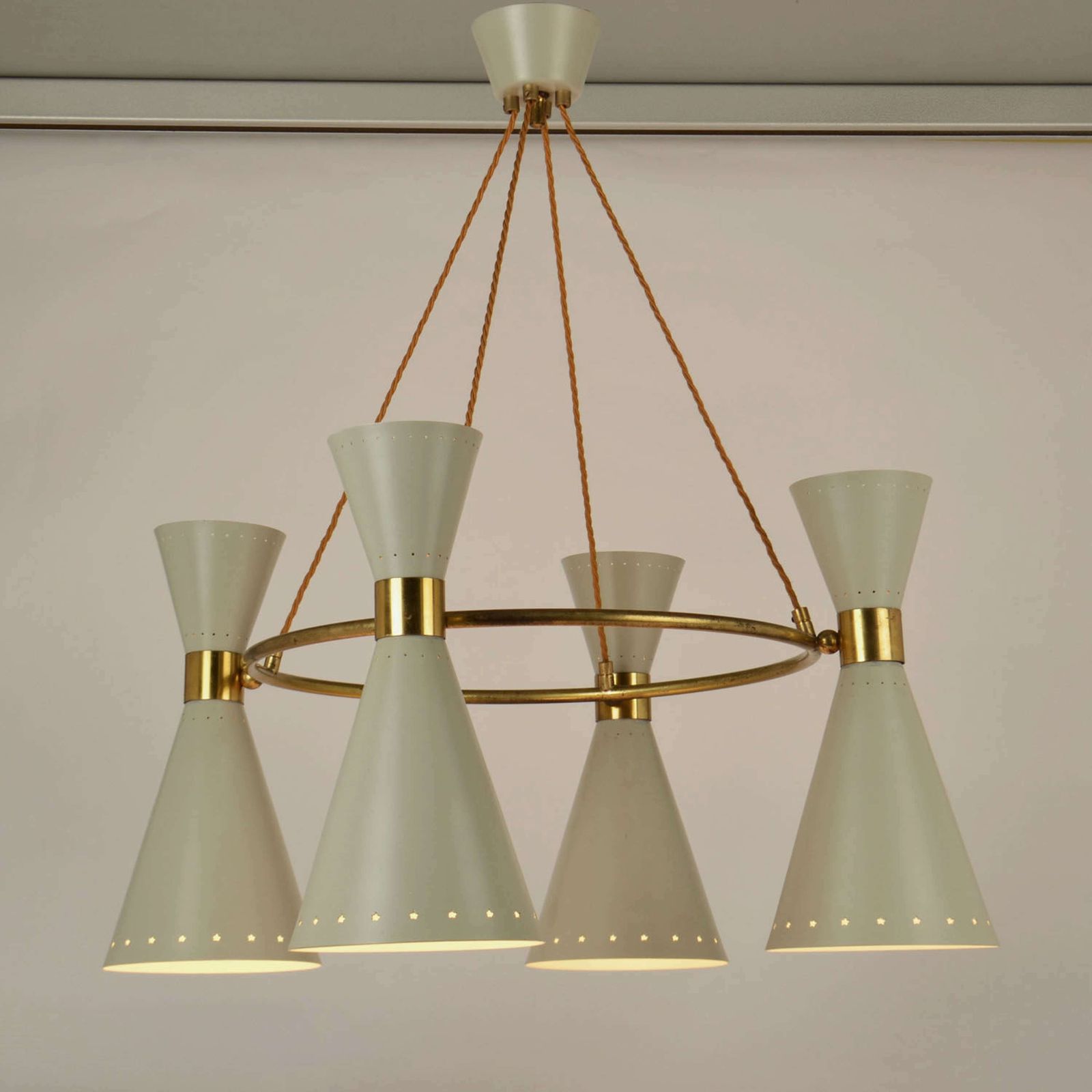 photo vinterior 1950s Diabolo, Hourglass Chandelier Stilnovo Era, Grey Metal & Brass