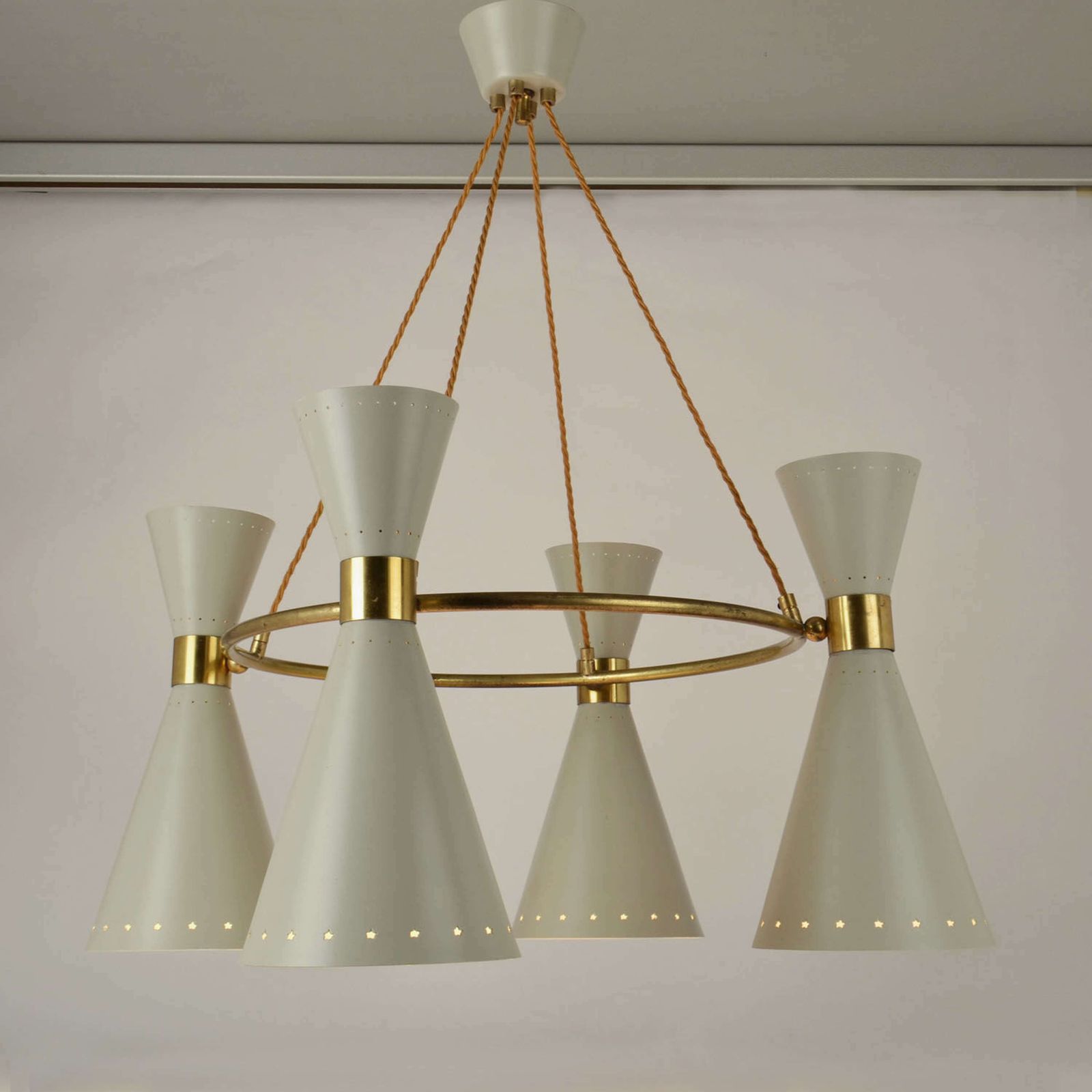 photo buy 1950s Diabolo, Hourglass Chandelier Stilnovo Era, Grey Metal & Brass