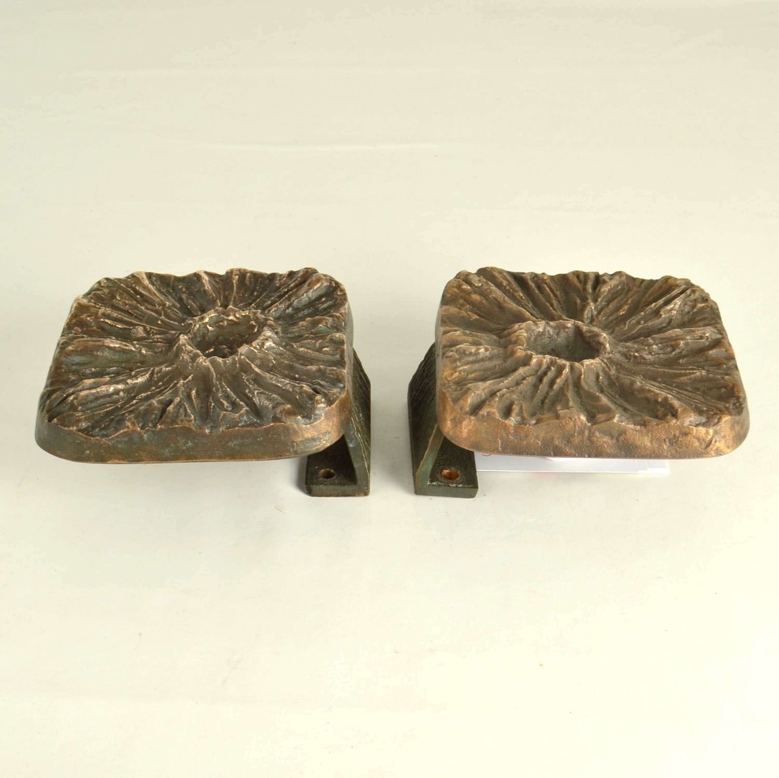 photo for sale Brutalist Pair Of Bronze Square Push Pull Door Handles Flower Relief