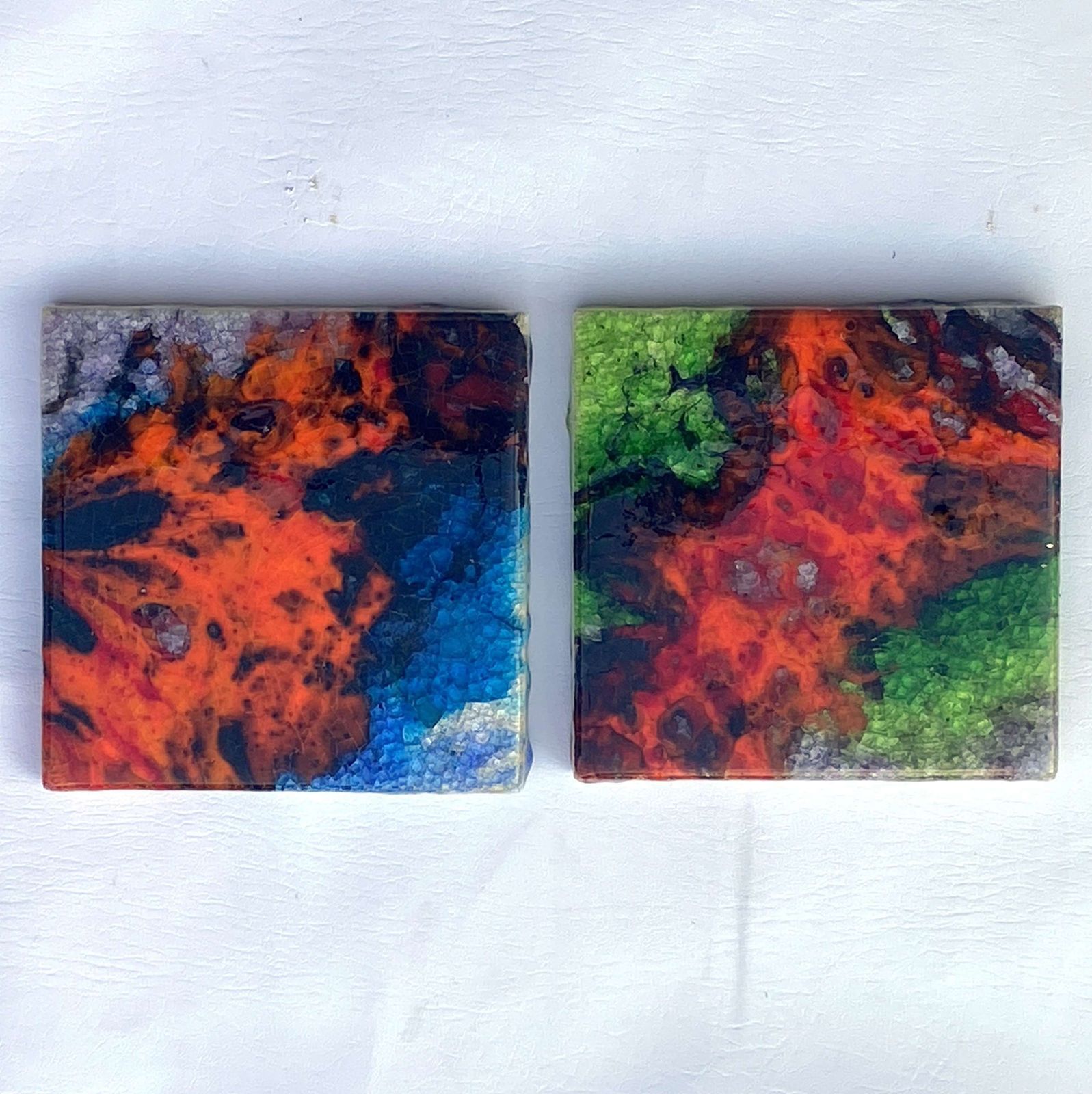 Ceramic Square Art Tiles With Multi Color Bright Glazes 1960s photo 800.0