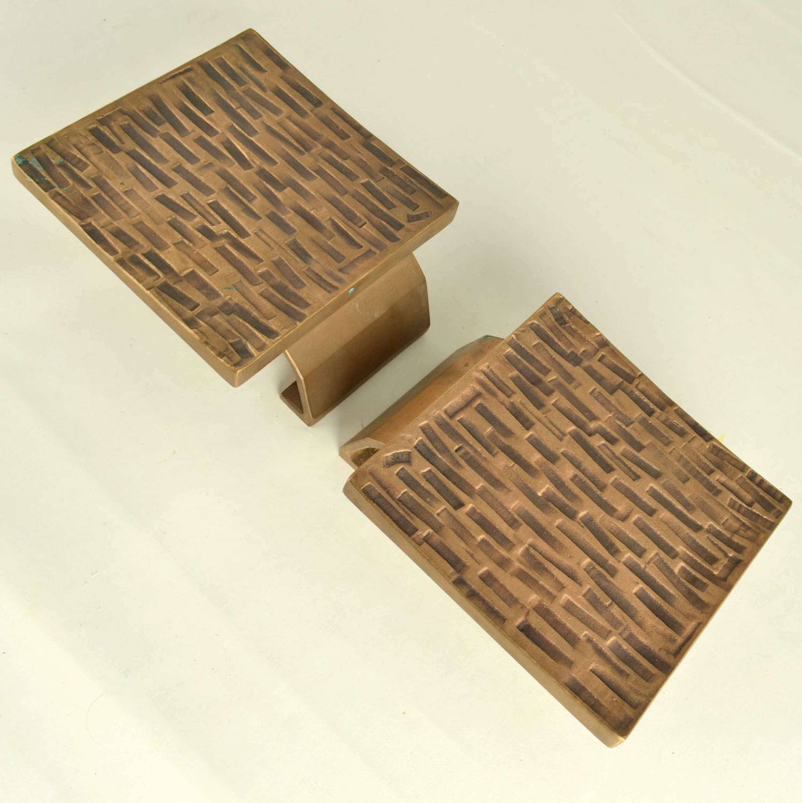 Brutalist Bronze Square Push Pull Door Handles With Embossed Relief photo vintage