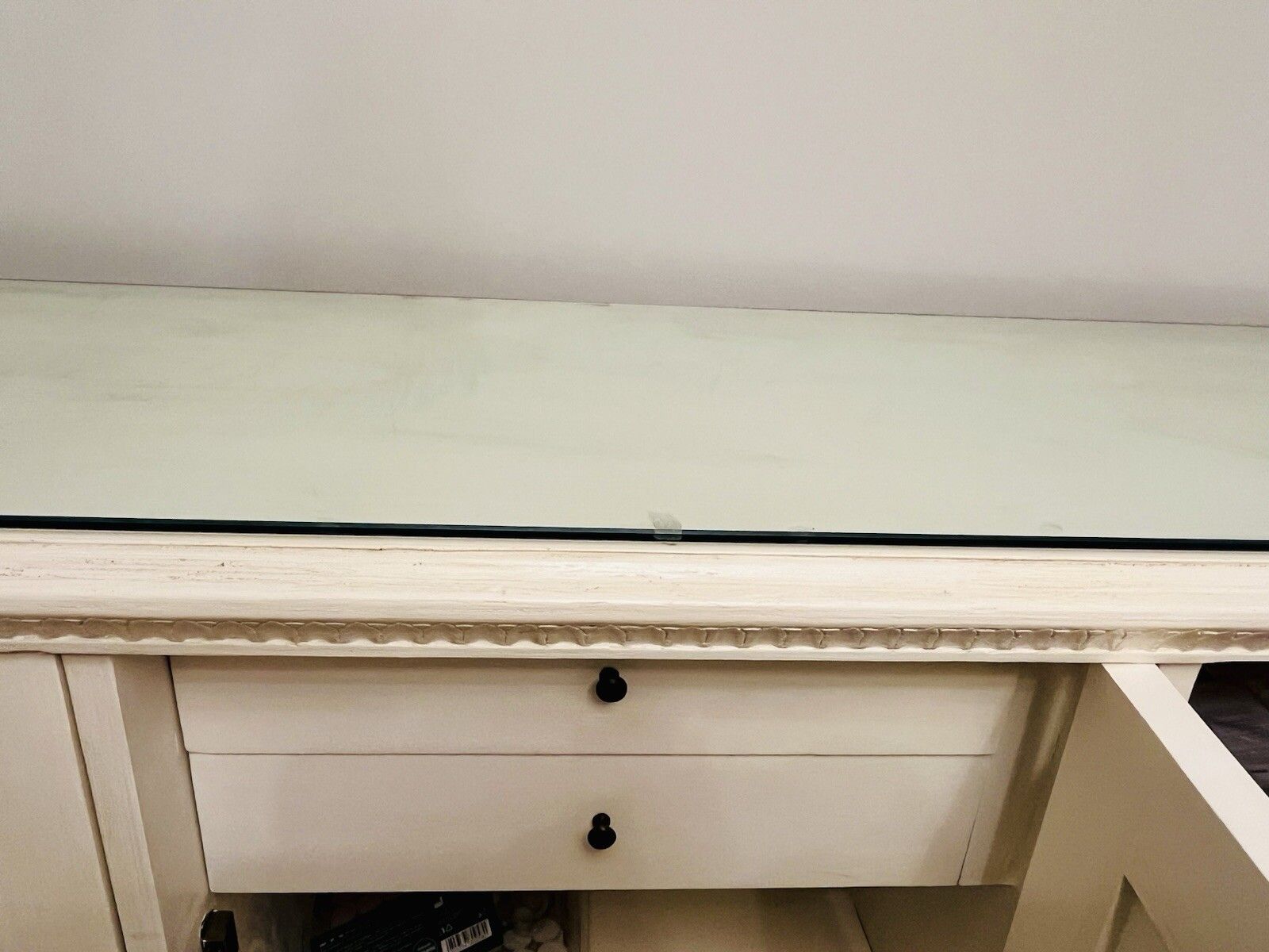 photo buy Vintage Cotswold Company Scandinavian Gustavian 3 Door Painted Side Board Glass Top County