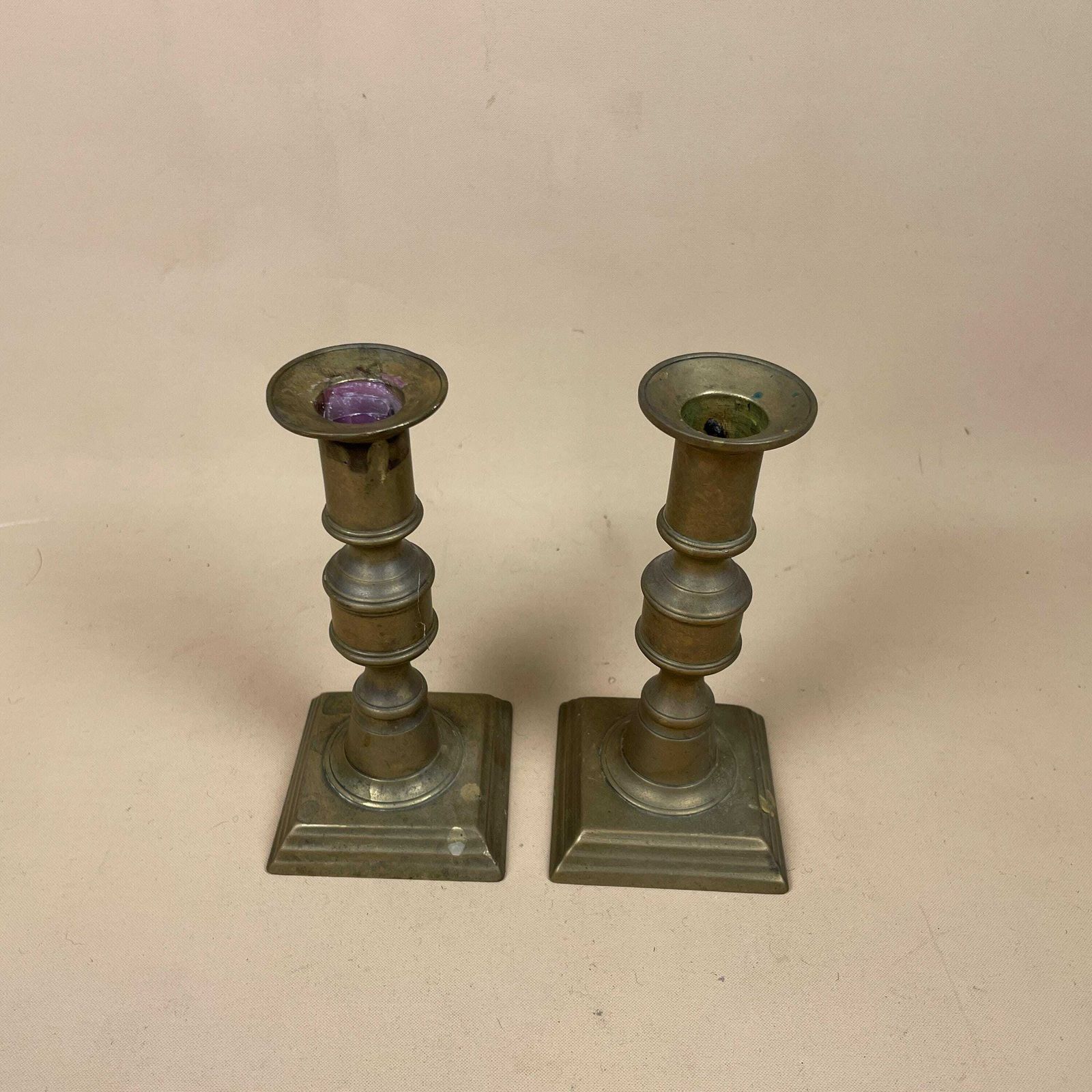 Antique Matching Pair Of Gold Brass Metal Candlestick Candle Stick Vintage Column Taper Dinner Candlesticks Chunky Square Base photo for sale