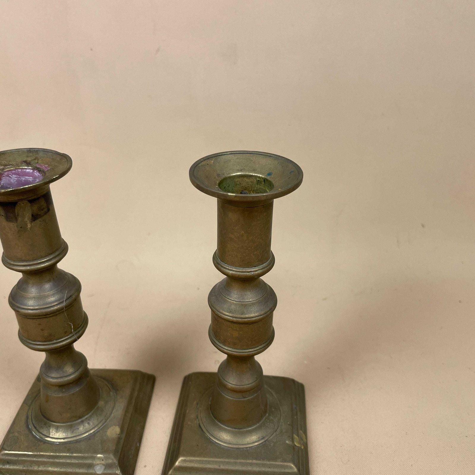 Antique Matching Pair Of Gold Brass Metal Candlestick Candle Stick Vintage Column Taper Dinner Candlesticks Chunky Square Base photo 55.0