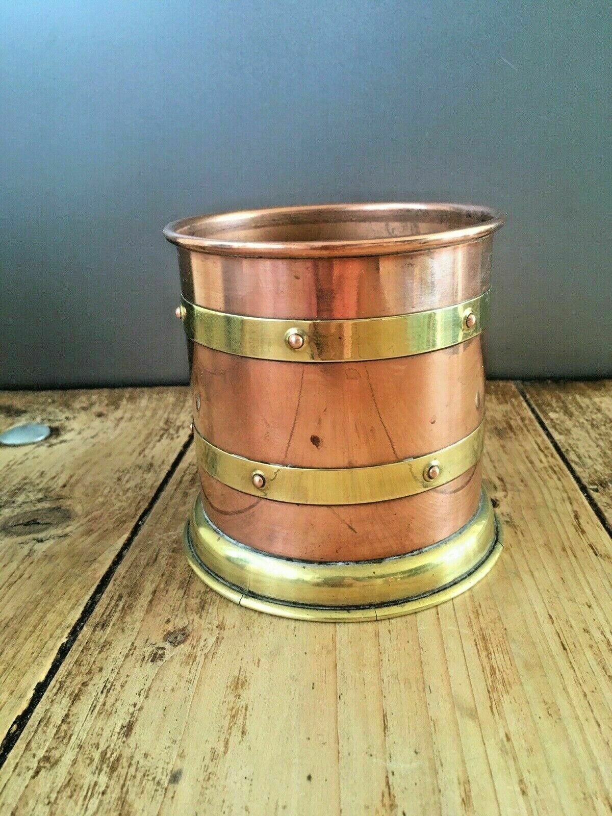 Linton Copper & Brass Banded Riveted Cylinder Planter Plant Pot Antique Vintage photo for sale