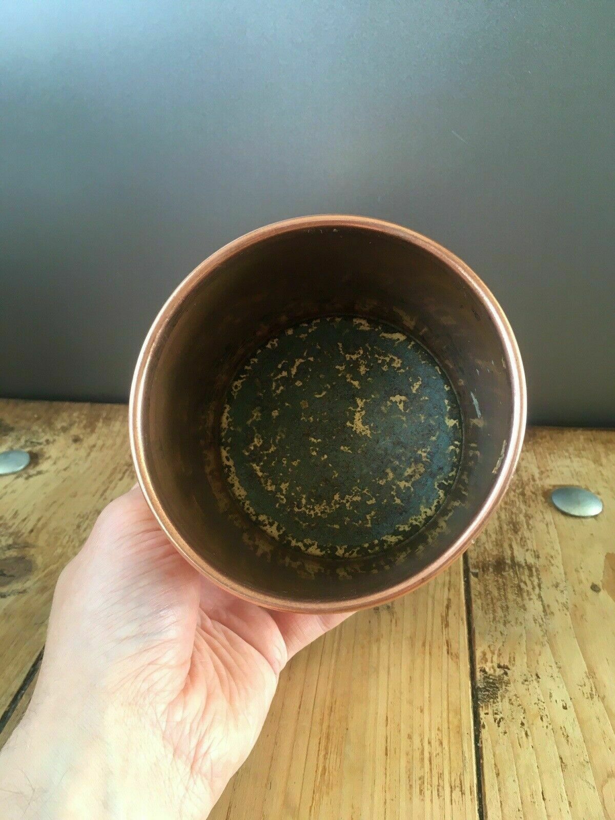 Linton Copper & Brass Banded Riveted Cylinder Planter Plant Pot Antique Vintage photo buy