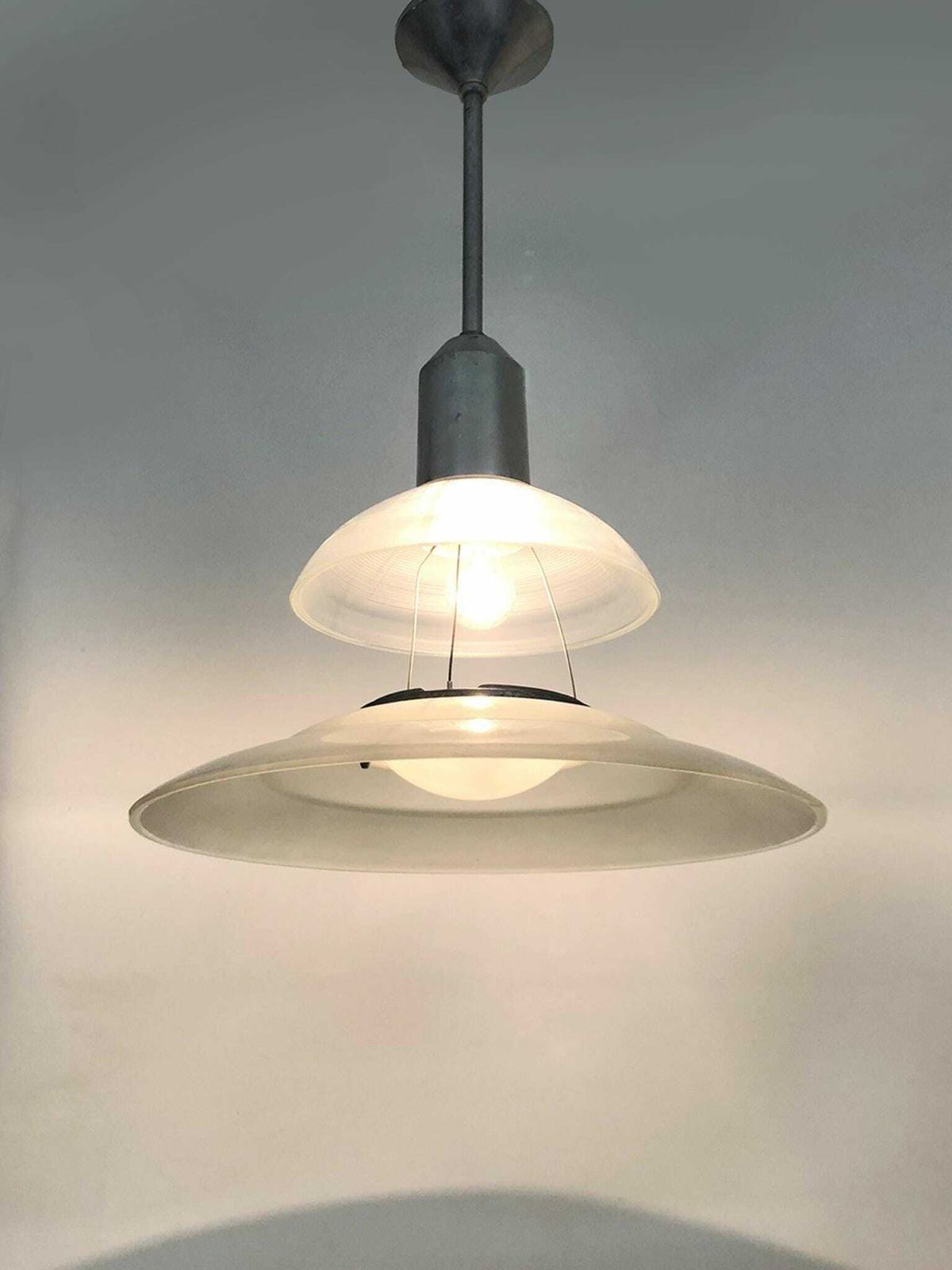Chandelier, Space Age Suspension Flying Saucer Industrial Holophane Style In Glass. 70s photo furniture
