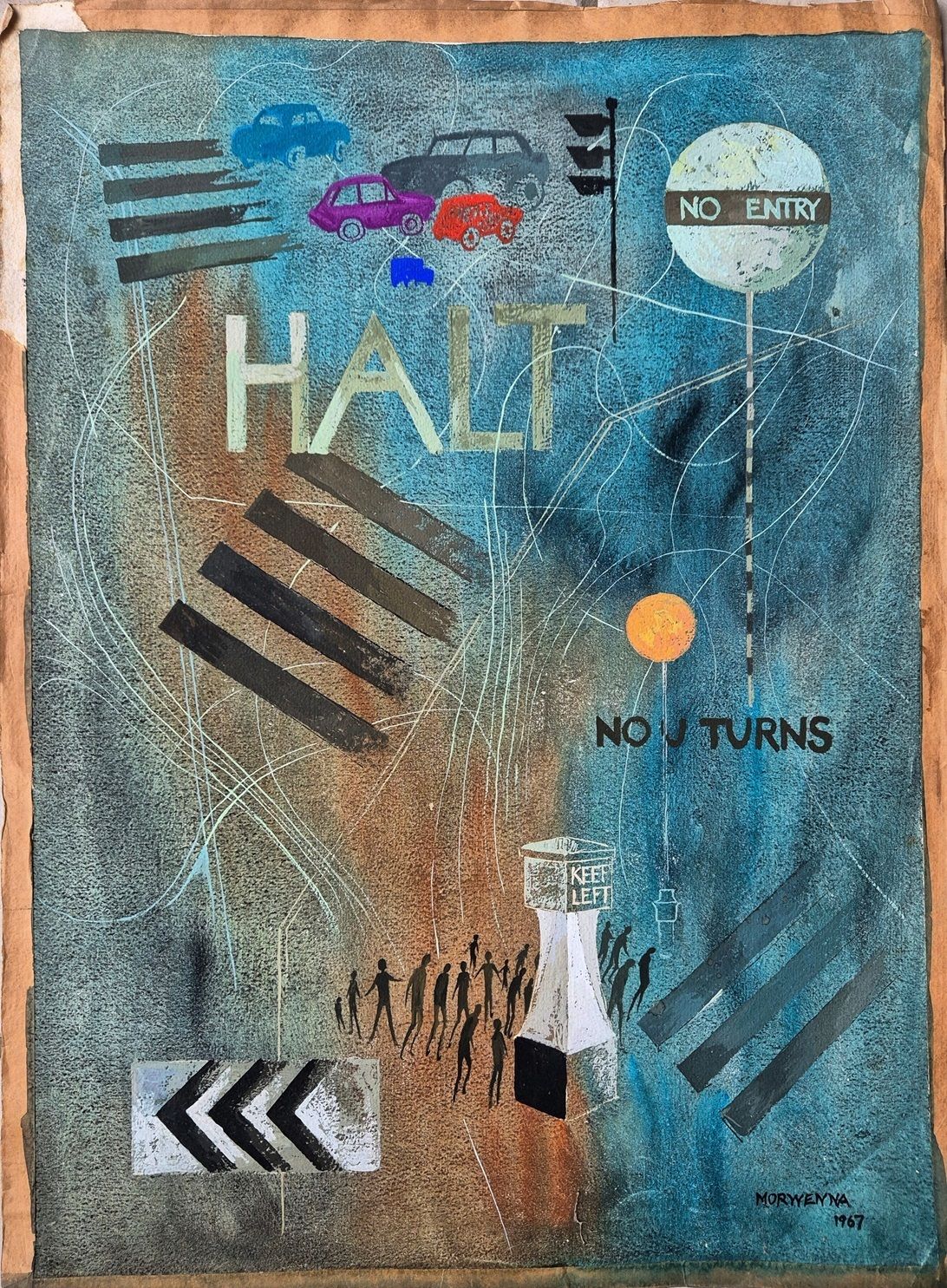 Interesting Quirky Painting In Gouache From 1967 By Morwenna   Halt, No Entry (Unframed) Modern British Art