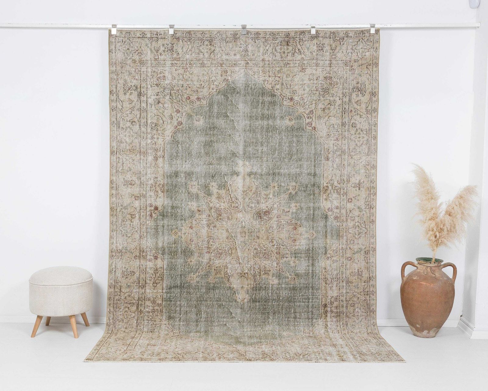 6.3x9.3 Vintage Turkish Rug, Green Rug, Low Pile Rug, Antique Rug, Anatolian Rug, Neutral Rug, Living Room Rug, Handmade Rug, Entryway Rug ,