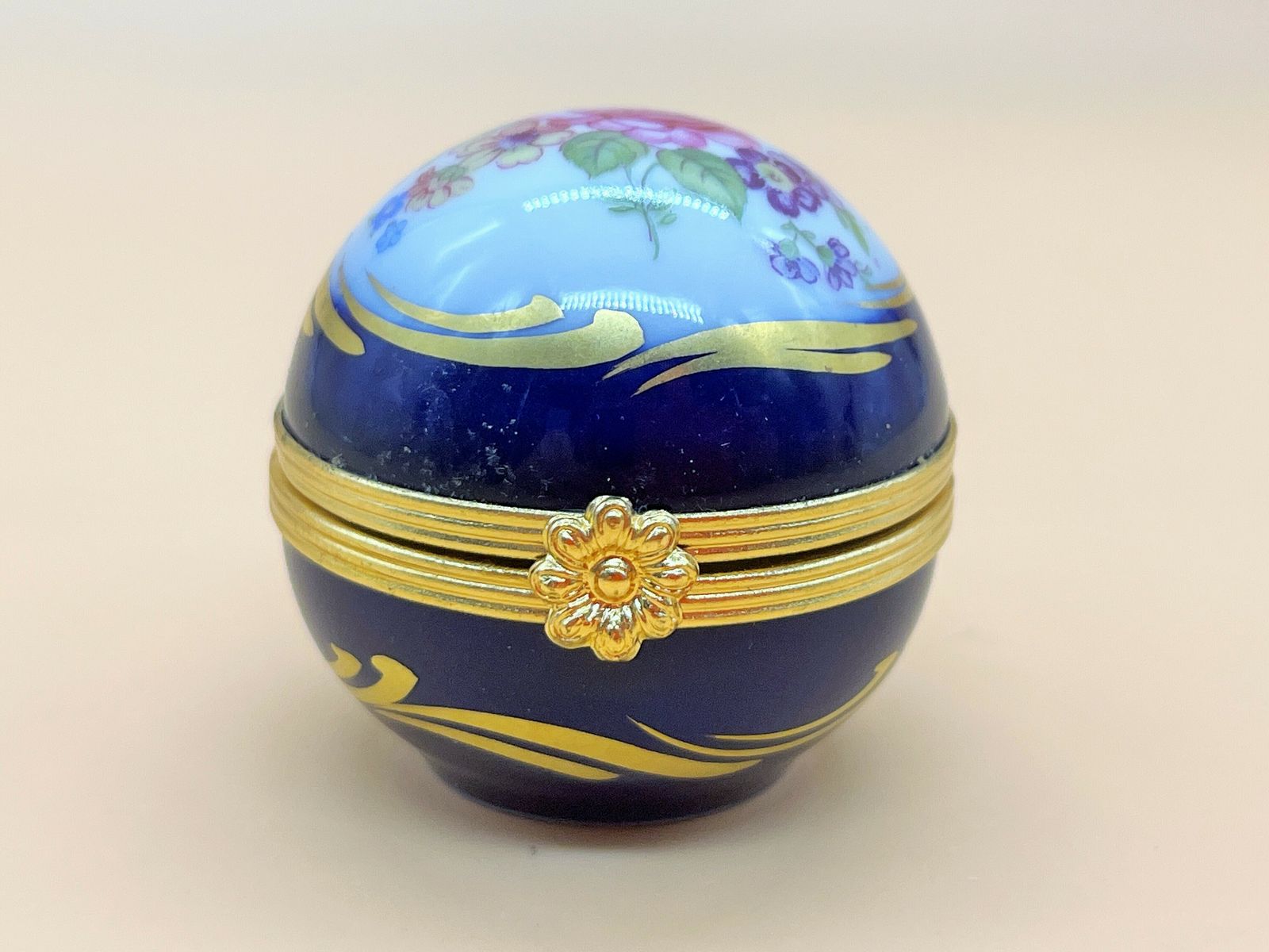 Limoges Dubarry Porcelain Small Floral Spherical Box With Internal Glass Perfume Bottle. photo furniture