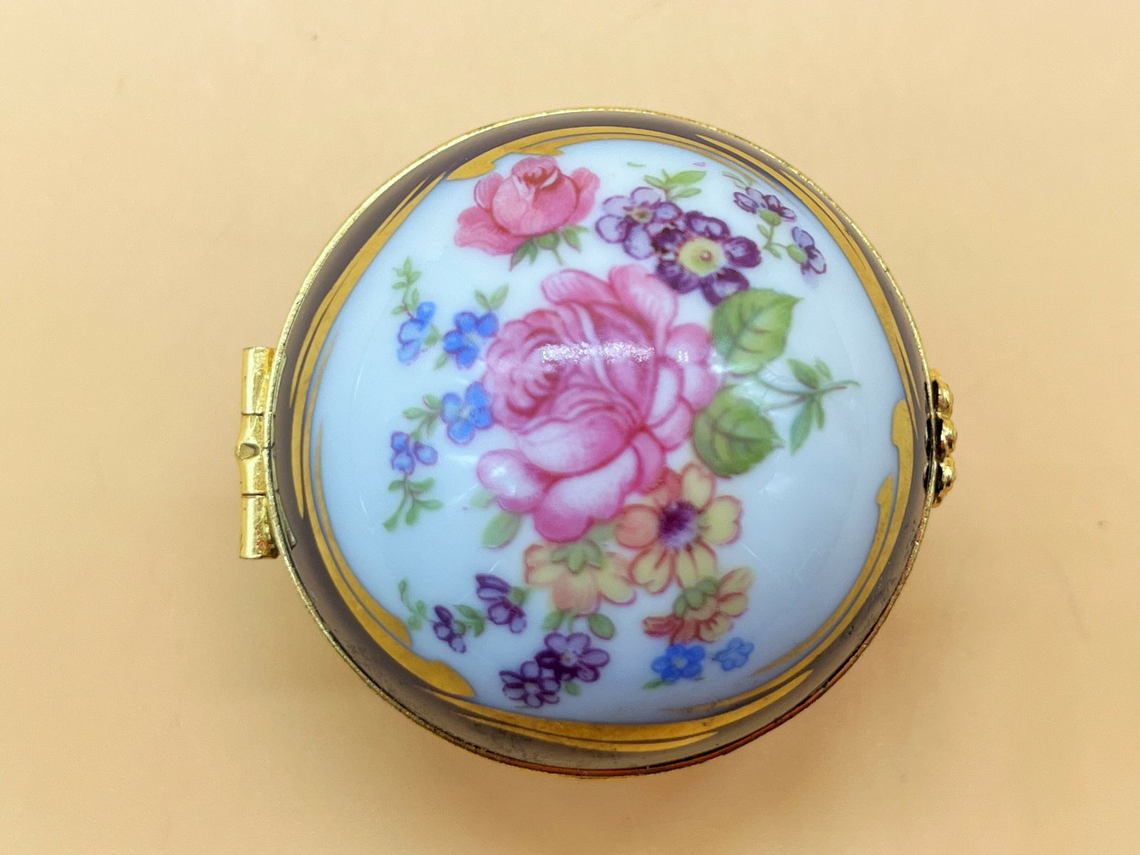 Limoges Dubarry Porcelain Small Floral Spherical Box With Internal Glass Perfume Bottle. photo for sale