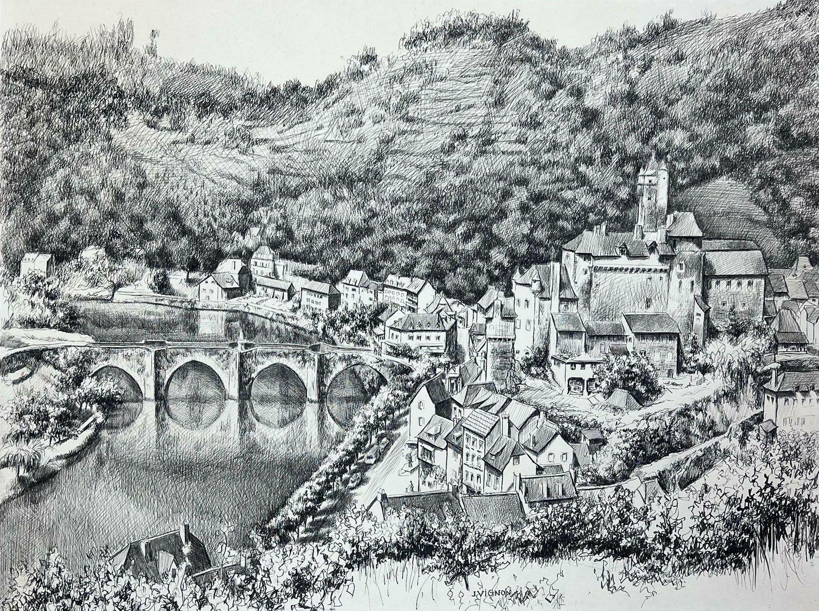 Josine Vignon1950s Post Impressionist Landscape Black & White Drawing, Estaing Aveyron France1950s