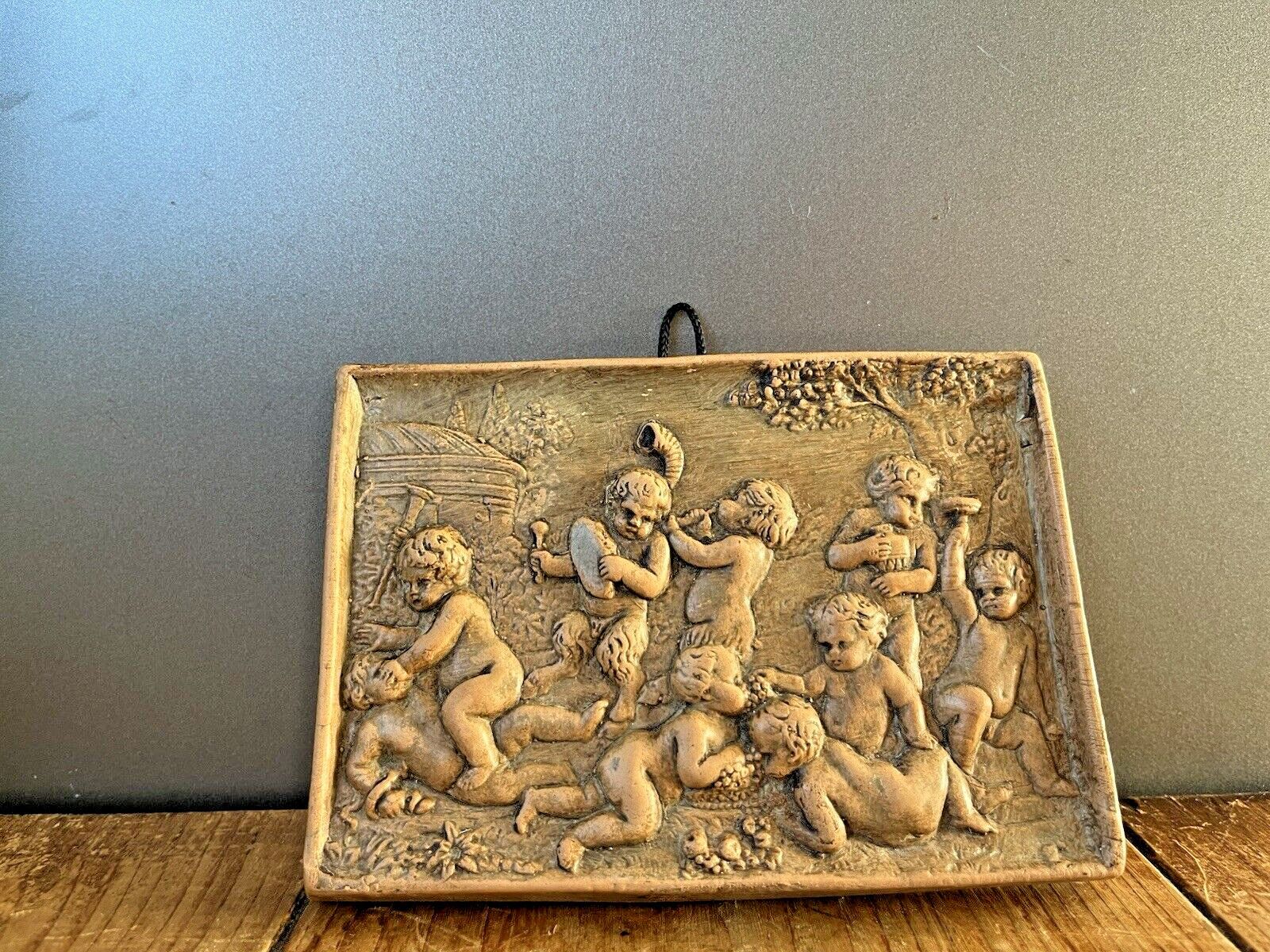 Italian Pottery Bacchanalian Mythical Cherub Putti Grape Vine Relief Wall Plaque photo vintage