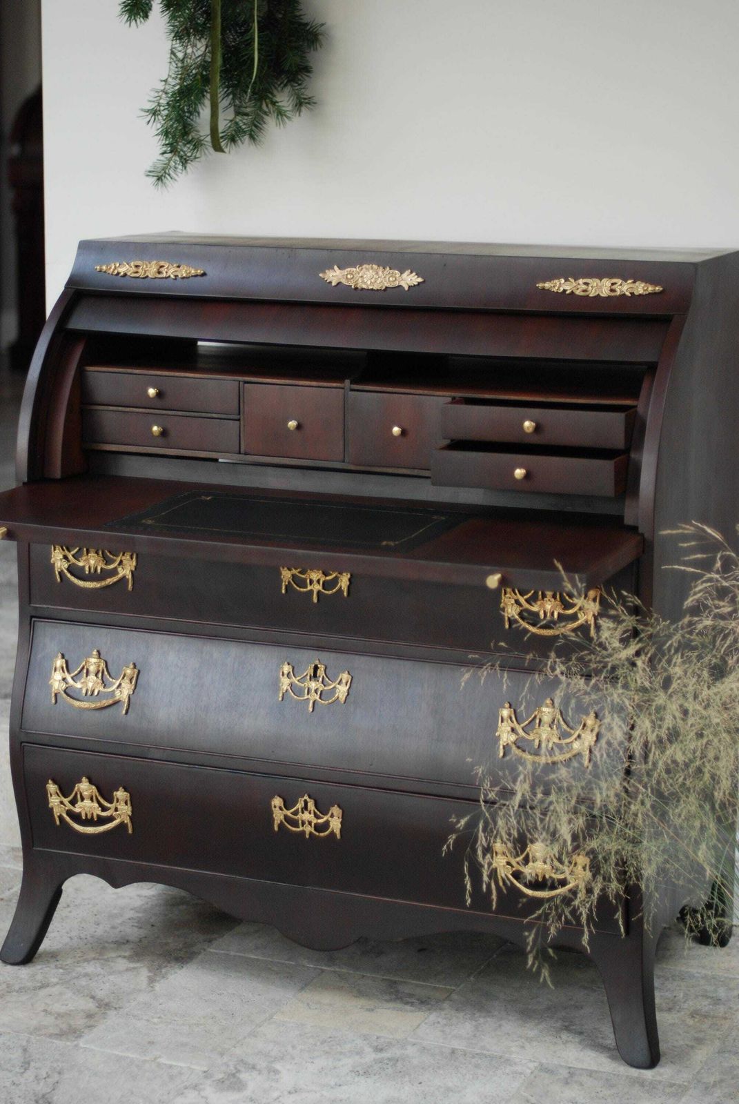 Antique Dutch Bombe Style Mahogany Cylinder Secretary Desk