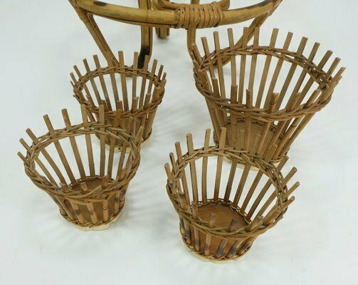 Mid Century Tiki Plant Stand In Bamboo Rattan, 1950s photo Home Decor