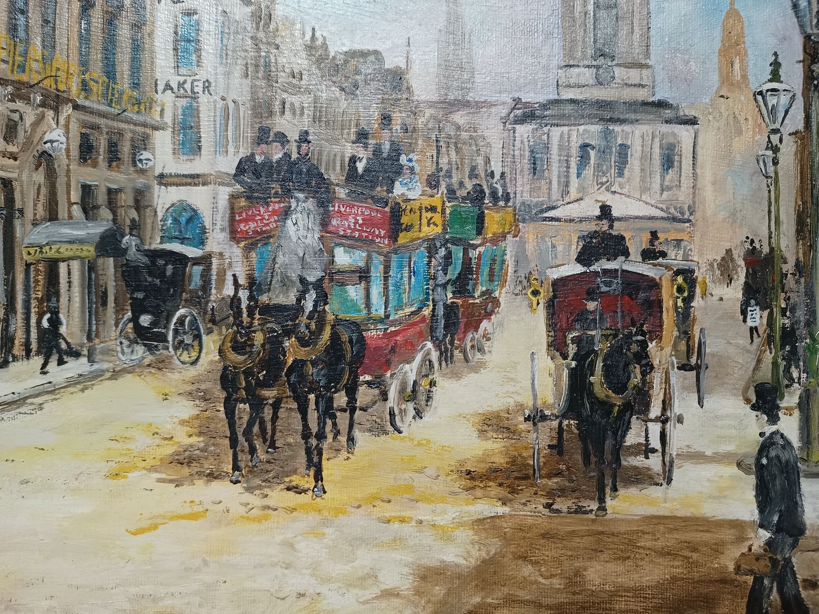 Large Oil Painting On Stretched Canvas,The Strand London,Horses Carriages Imprestionist Style Artist Signed Holmes. photo vintage